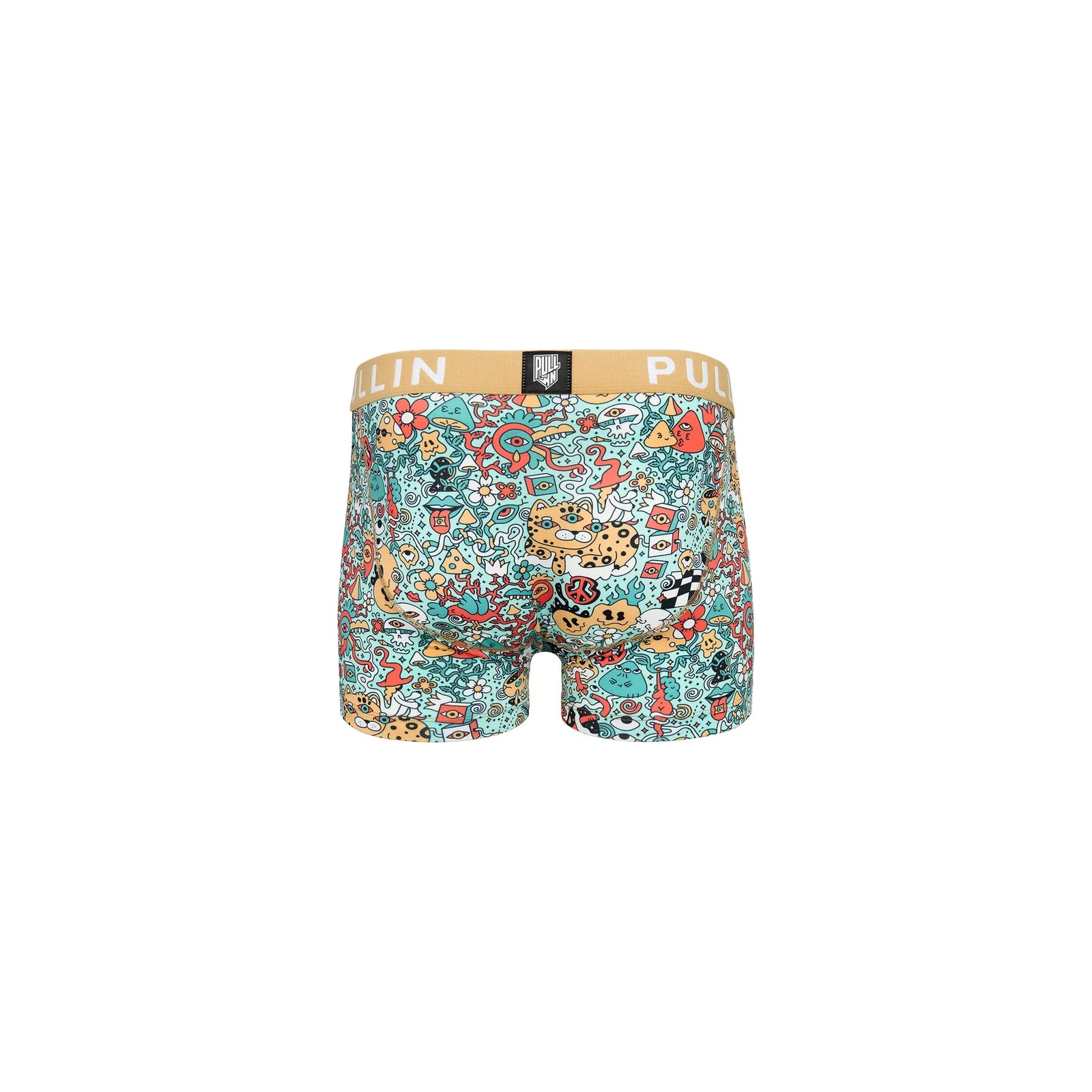 Pullin Master Amio boxer briefs in colorful print, tan 40mm Jacquard waistband, flatlock seams, back yoke.