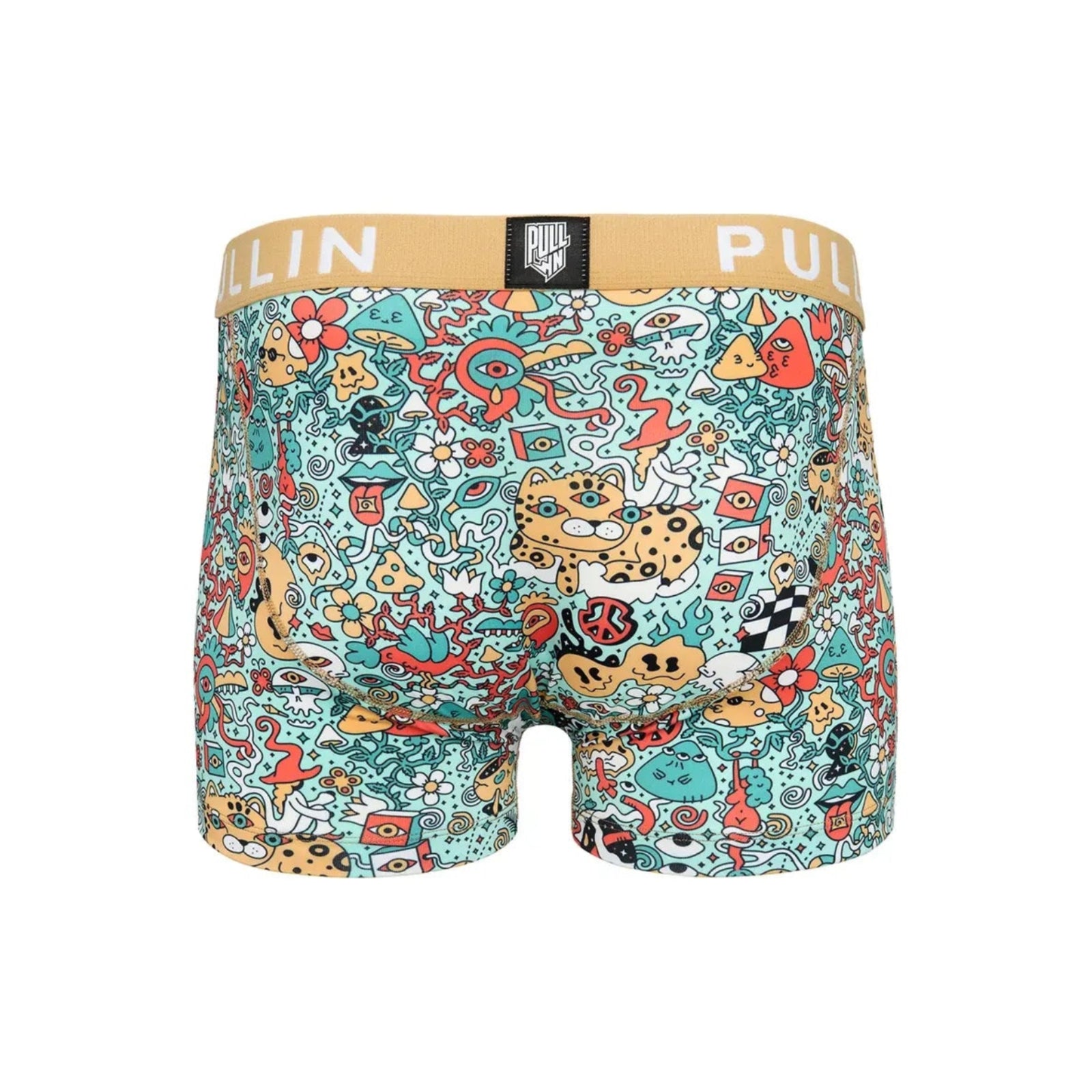Pullin Master Amio boxer briefs in colorful print, tan 40mm Jacquard waistband, flatlock seams, back yoke.