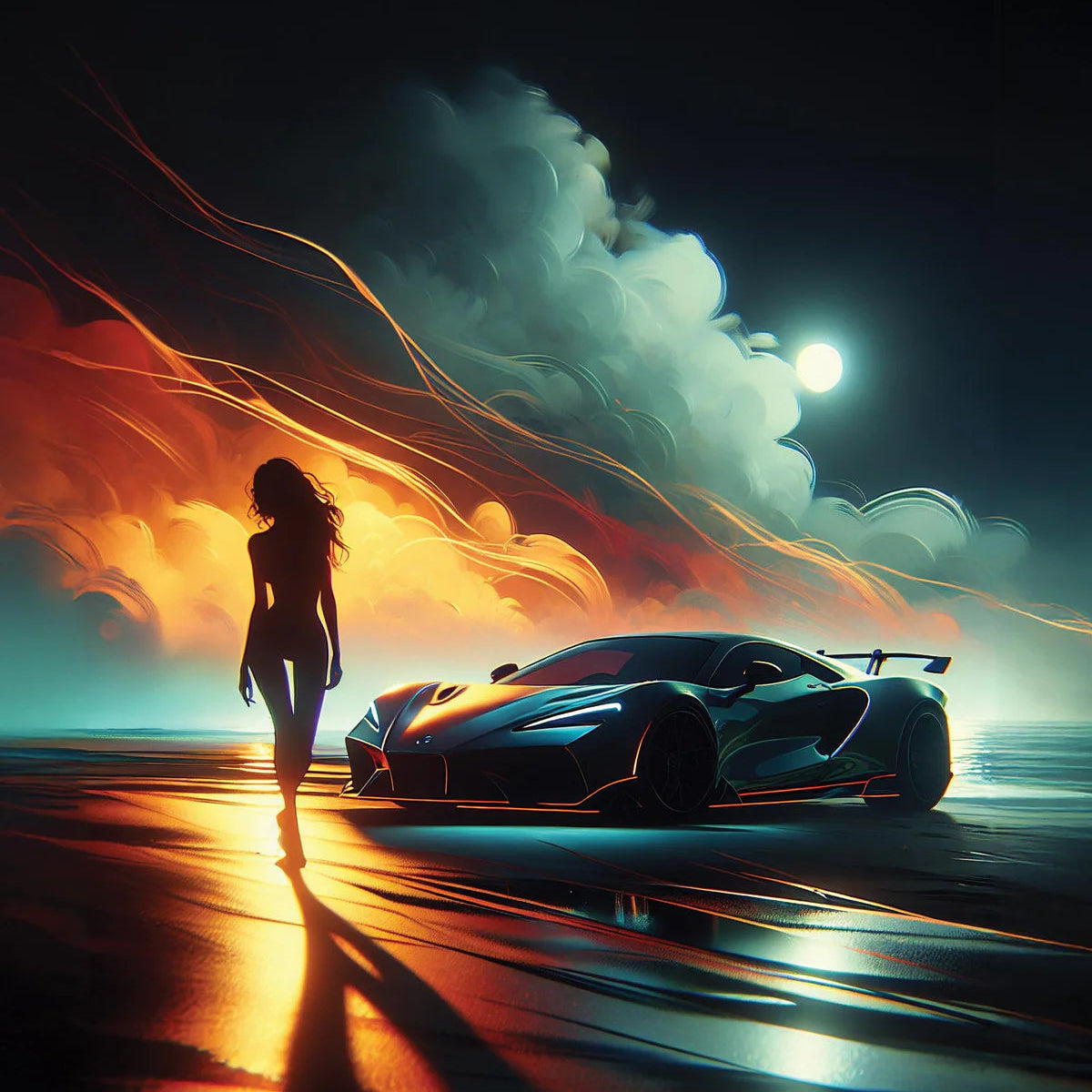 Silhouette beside a sleek sports car on a neon beach at sunset; Pullin Master Beast Boxer Brief.