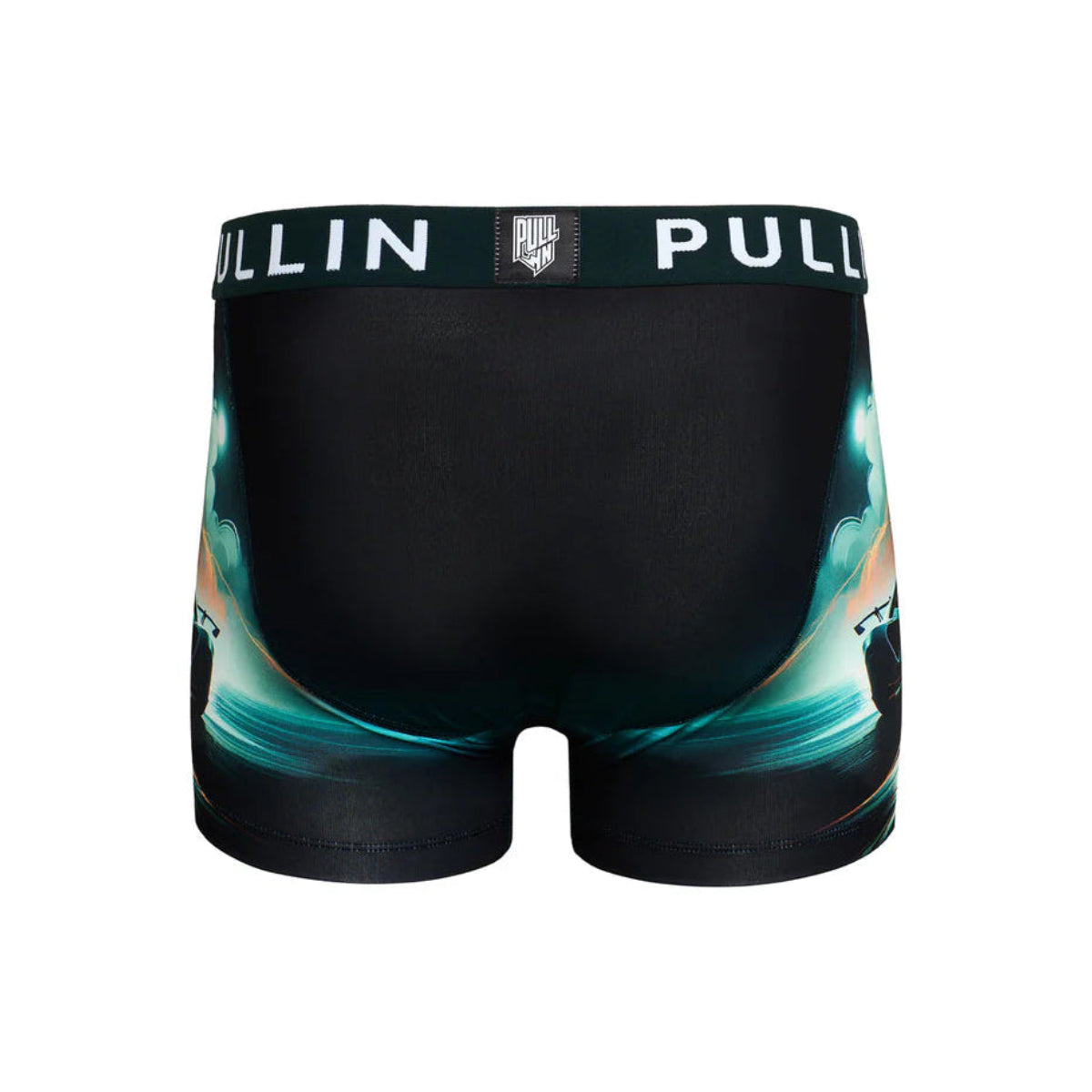 Back view of Pullin Master Beast boxer briefs: black center panel, colorful side print, and wide branded waistband.