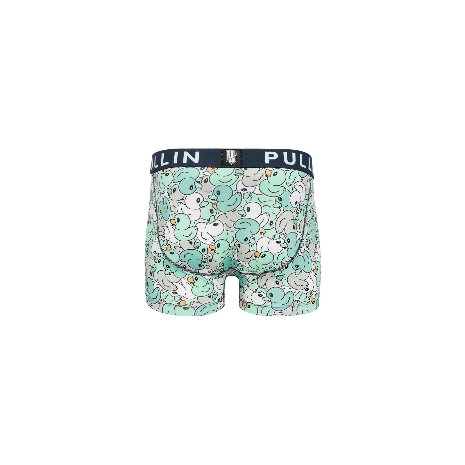 Back view of Pullin Master JouJou Boxer Brief in teal duck print with navy 40mm jacquard waistband.
