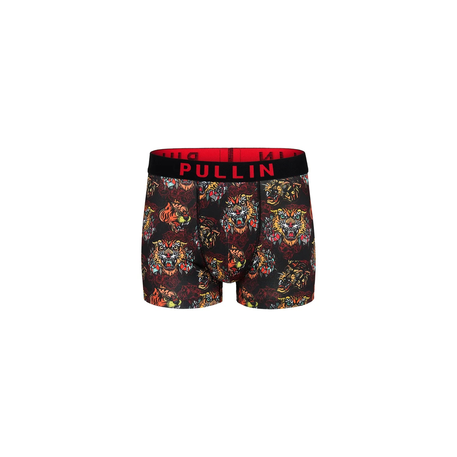 Pullin Master Kung boxer briefs with multicolor tiger print on black fabric and 40mm Jacquard red waistband.