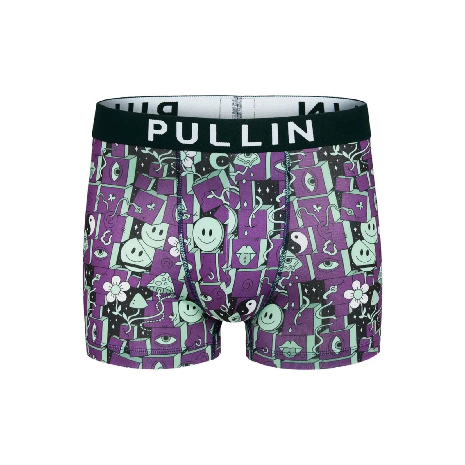 Pullin Master Psyky boxer briefs with purple-green print and black waistband bearing PULLIN.