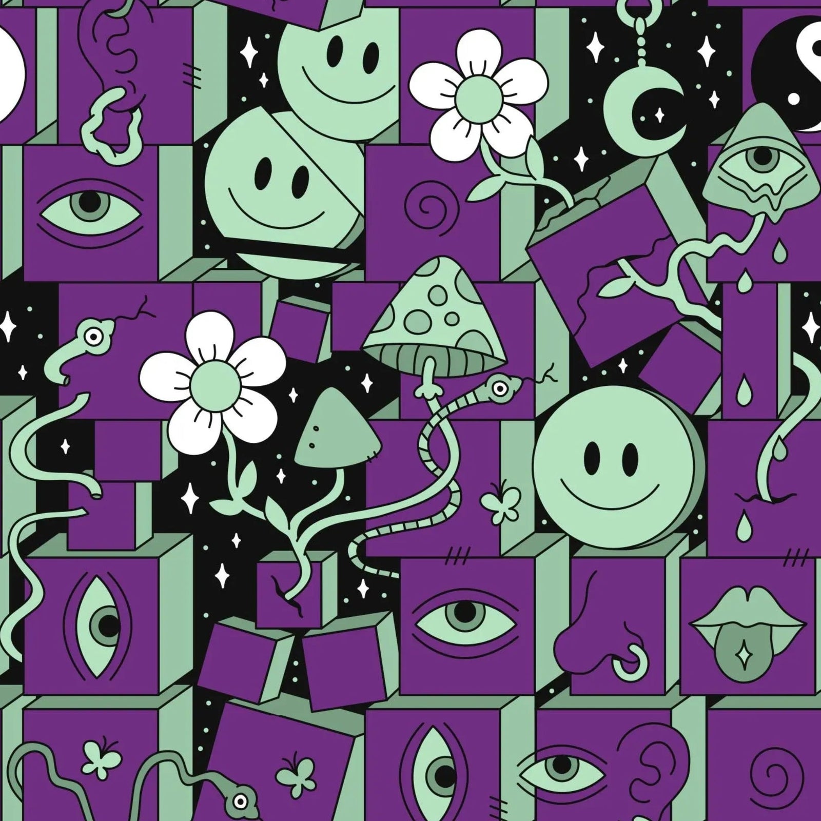 Psychedelic pattern of purple and mint green cubes featuring eyes, faces, flowers, moons, and mushrooms.