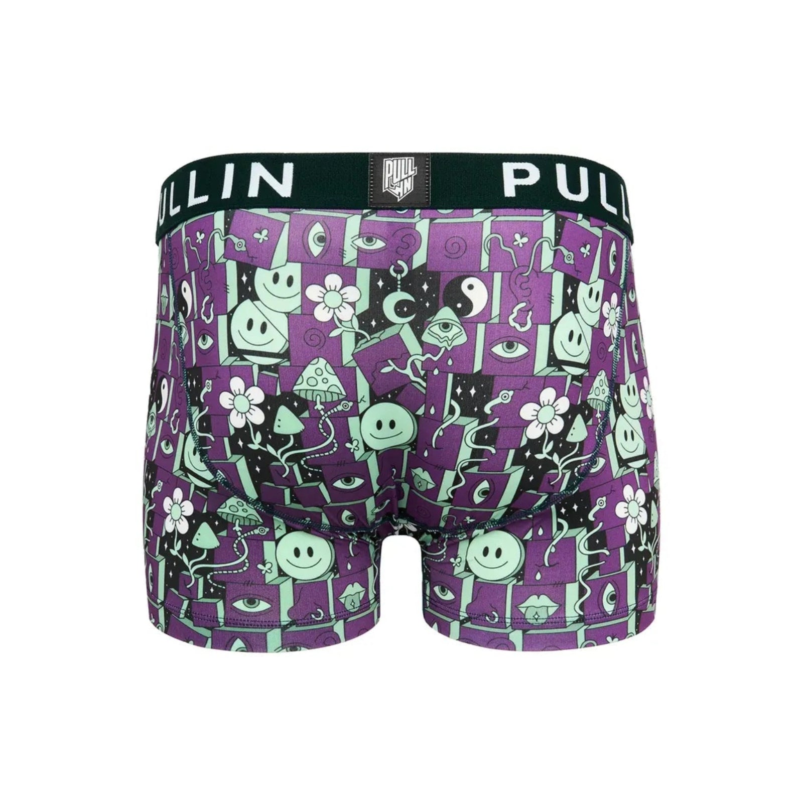 Back view of Pullin Master Psyky boxer brief in purple-green Psyky print with wide 40mm elastic waistband.