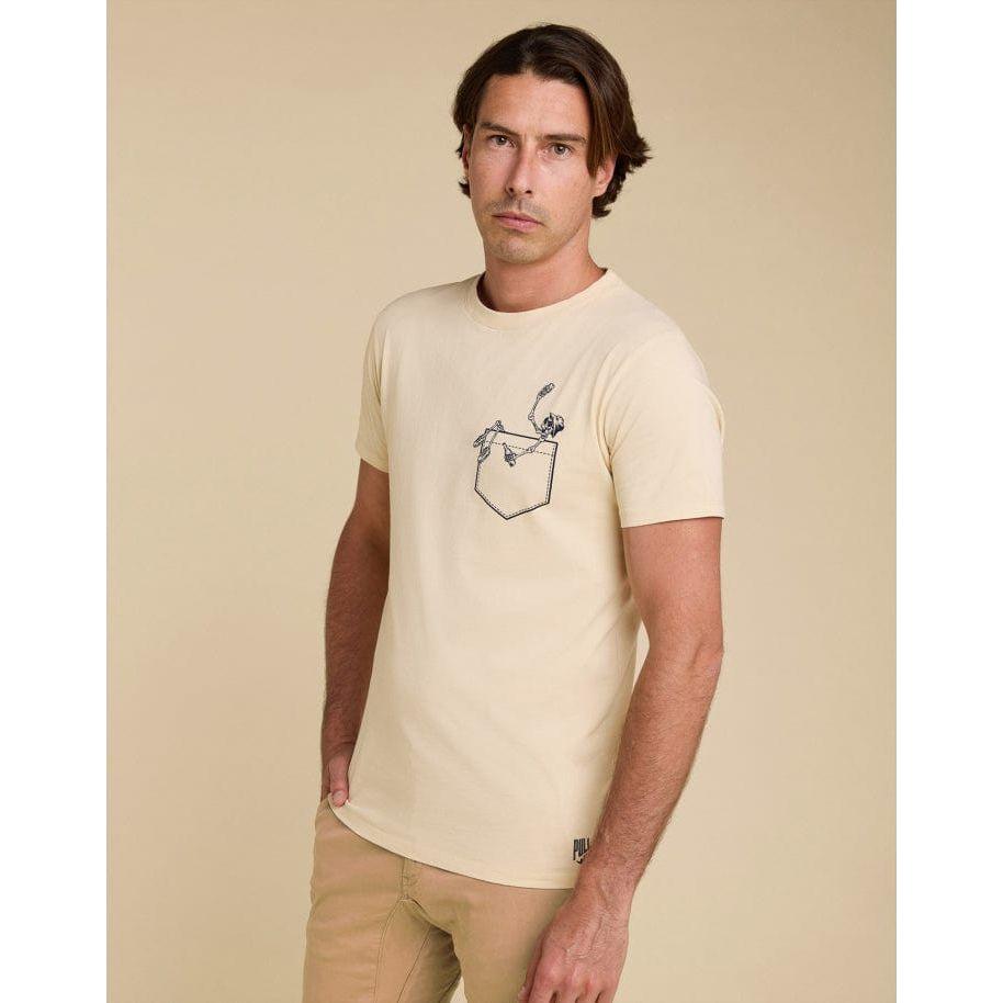 Beige Pullin Tchin Tee featuring a ribbed crew neck and short sleeves, perfect for casual wear.