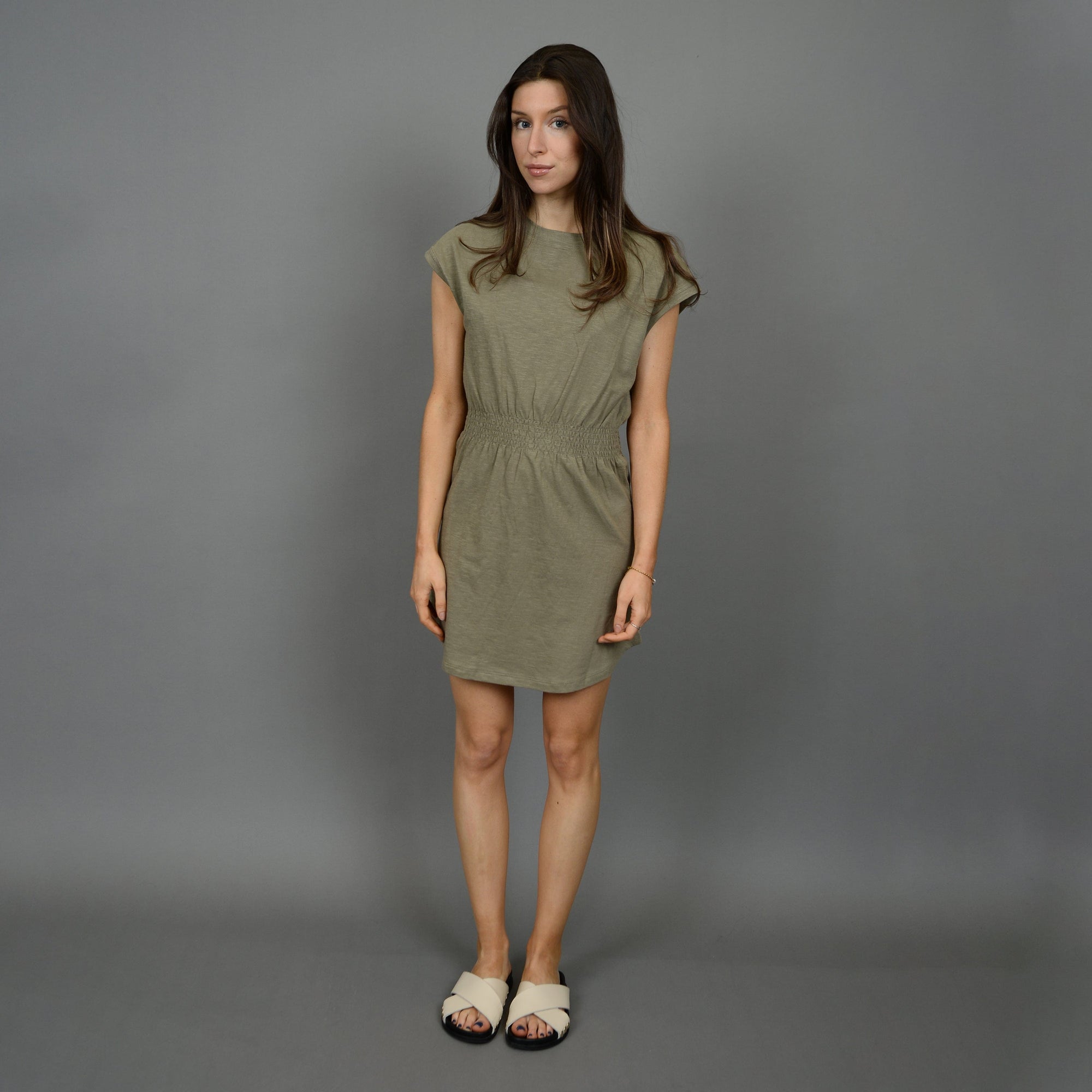 RD Olive / XS River S/S Dolman Sleeve Ruched Waist Dress