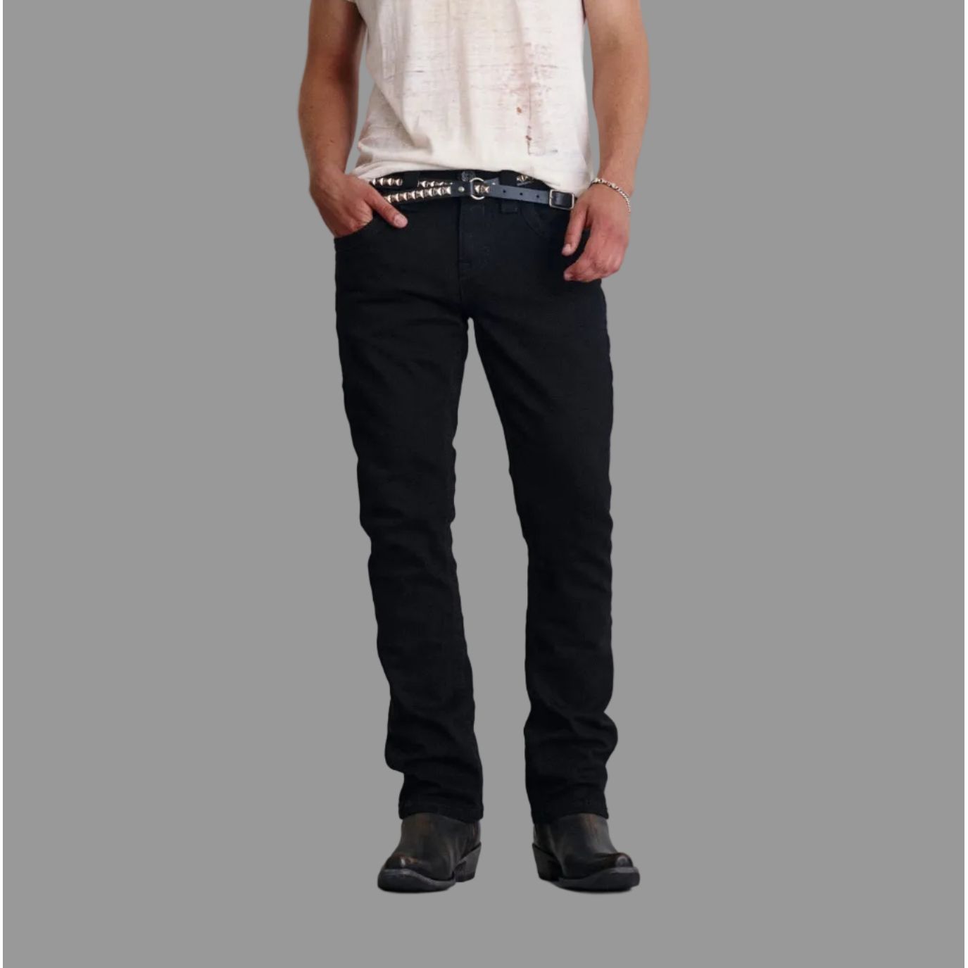 Rock Revival Arther J200 Straight jeans in black with matte hardware and tonal fleur de lis back pockets.