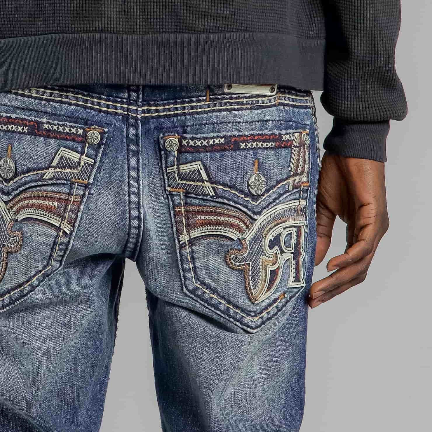 Rock Revival Bexton J202 Straight Denim jeans with fleur-de-lis embroidery on back pockets, vintage blue wash
