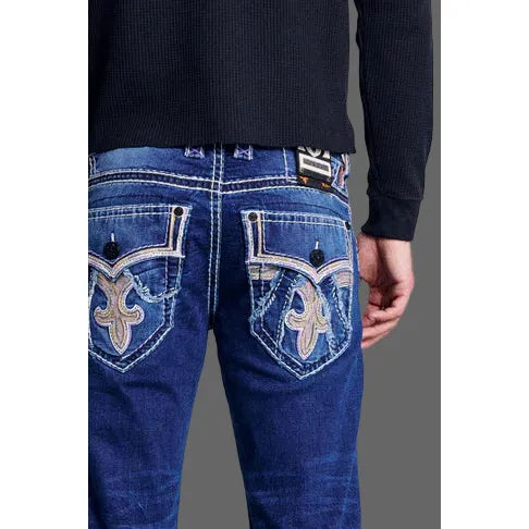 Rock Revival Cody J202 Straight Denim jeans with bold dark wash and ornate fleur-de-lis back pockets.