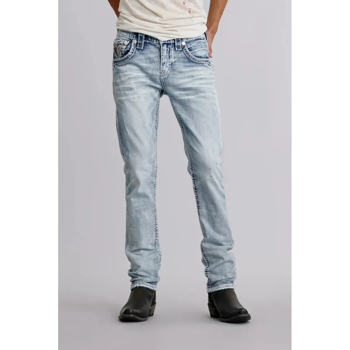Rock Revival Eridanus A202 Alt Straight Jean in light blue wash with double-back pockets and Fleur-de-Lis embroidery