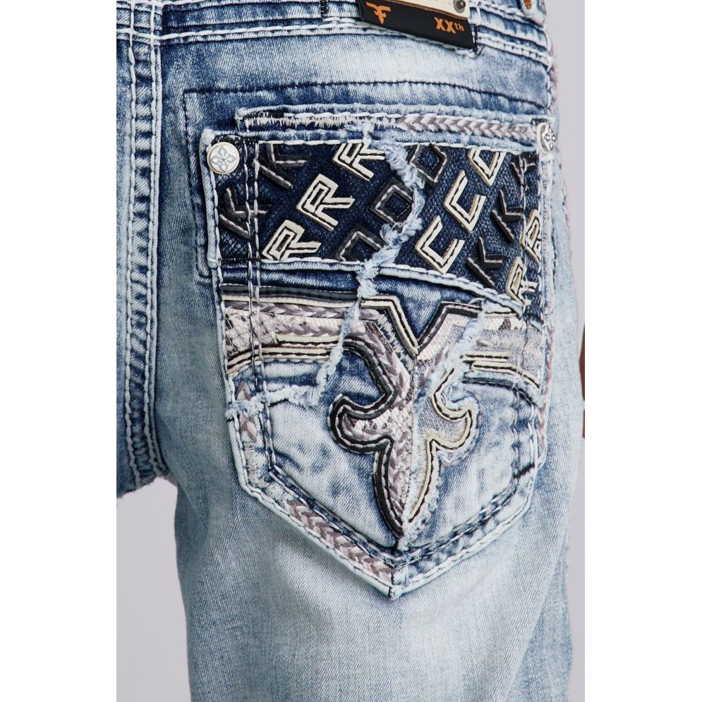Rock Revival Eridanus A202 Alt Straight Jean with Fleur-de-Lis embroidery and patchwork back pockets on blue denim
