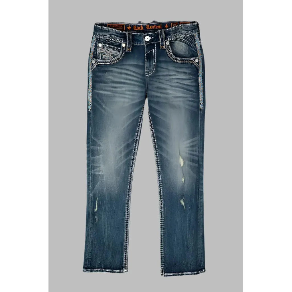 Rock Revival Isaiah J203 Straight Denim features premium stretch fabric with subtle distressing, perfect for everyday wear.