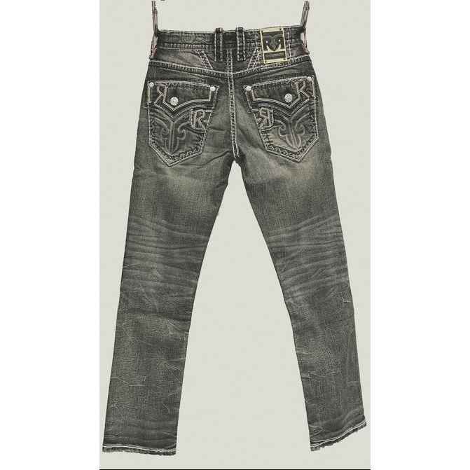 Rock Revival Jailin J205 straight-leg denim jeans with medium blue wash and fleur-de-lis embroidered back pockets.
