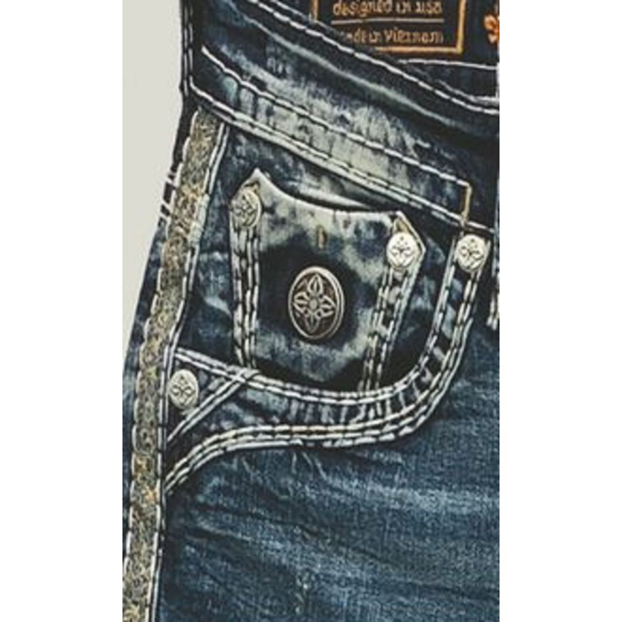 Rock Revival Justice B205 Bootcut jeans in medium indigo with contrast stitching, metal studs, and detailed back pocket