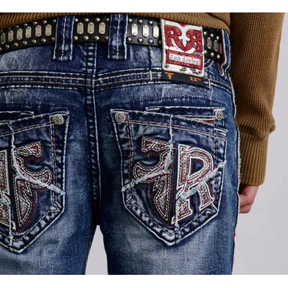 Rock Revival Merlot J202 straight denim jeans with medium blue wash and fleur-de-lis embroidery on back pockets.