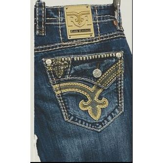 Rock Revival Prarie B201 Bootcut jeans: back pocket with gold fleur-de-lis embroidery, medium indigo wash.