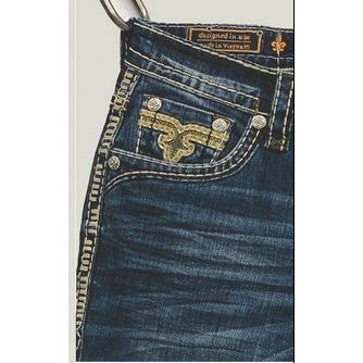 Rock Revival Prarie B201 Bootcut jeans in medium indigo with gold eagle back-pocket embroidery.