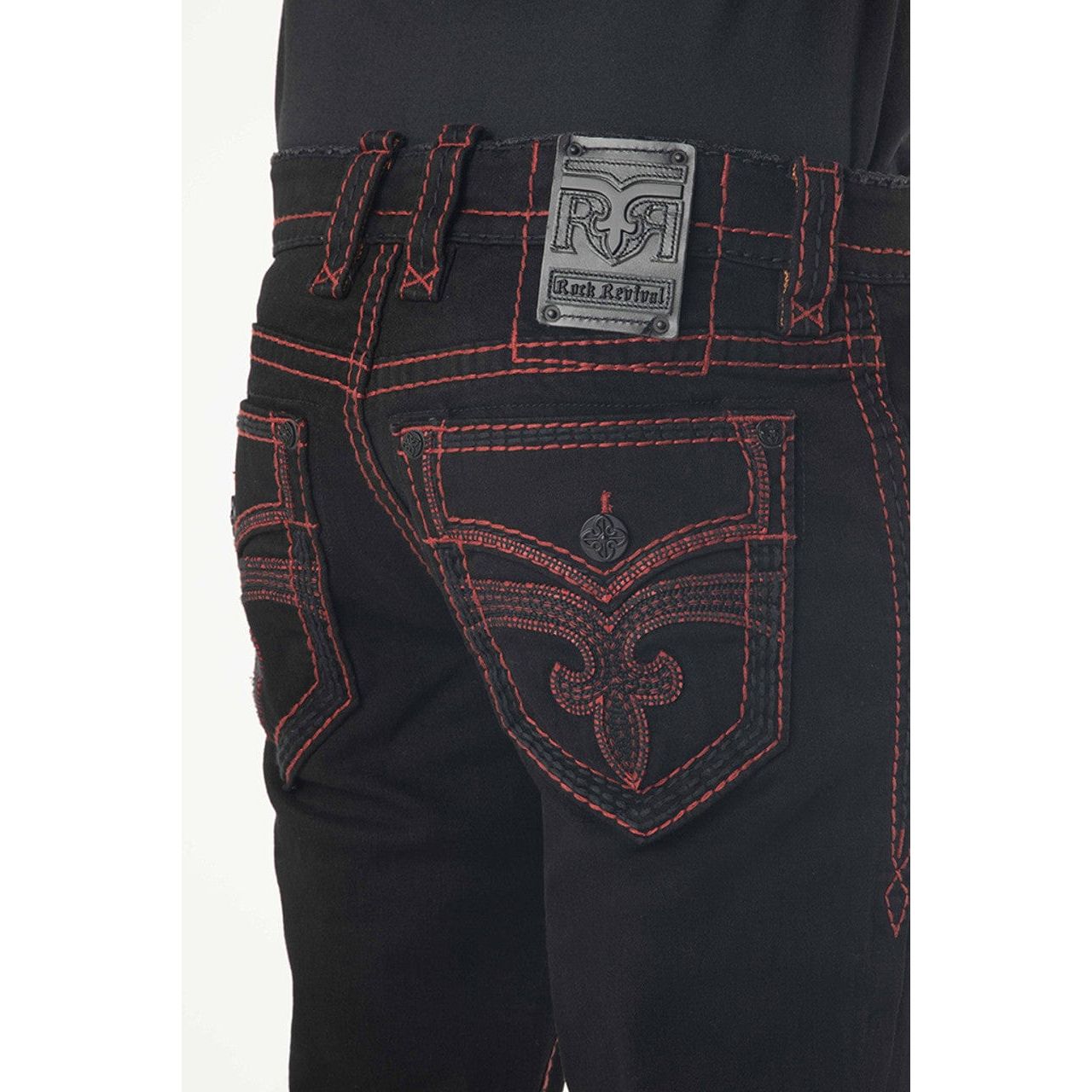 Rock Revival Arther B217 Bootcut jeans in black denim with red stitching, fleur-de-lis back pocket and metal patch.