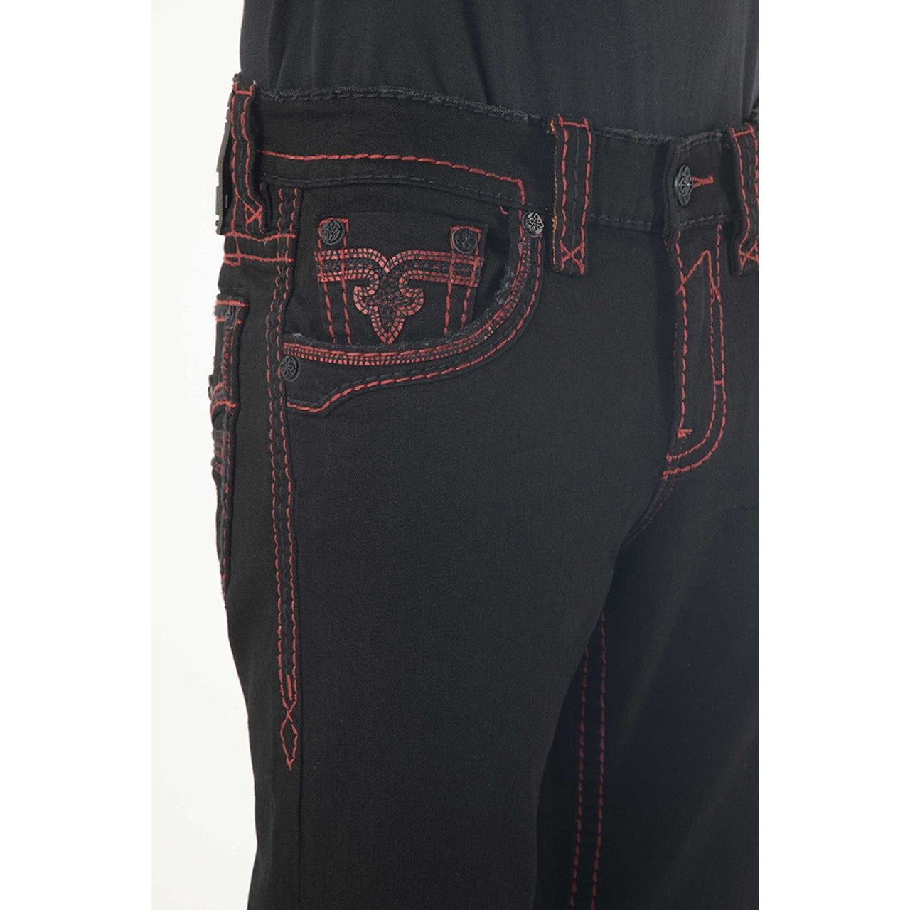 Rock Revival Arther B217 Bootcut jeans with red stitching and fleur-de-lis pocket embroidery, black hardware