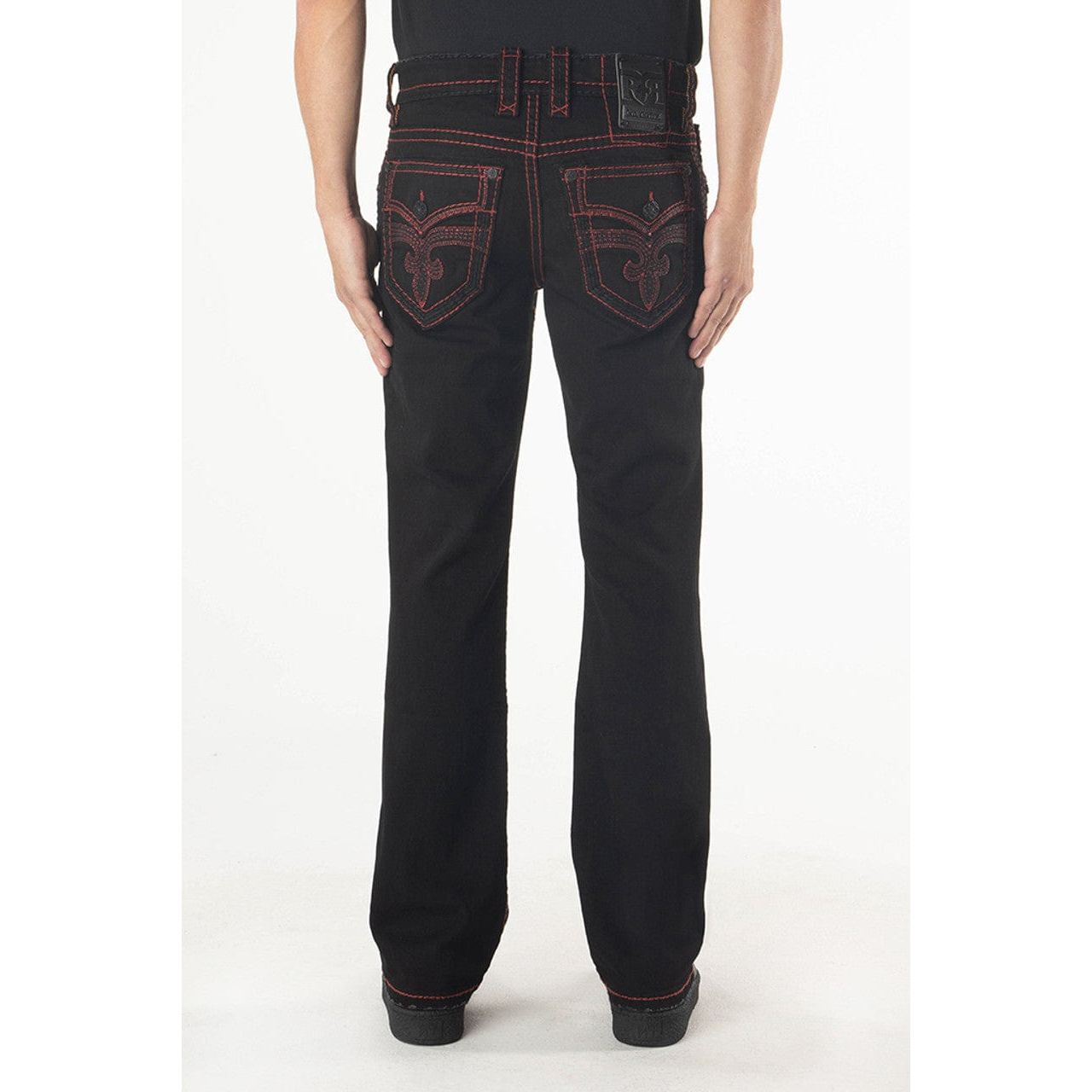 Rock Revival Arther B217 Bootcut jeans in black with red stitching and fleur-de-lis back pockets.
