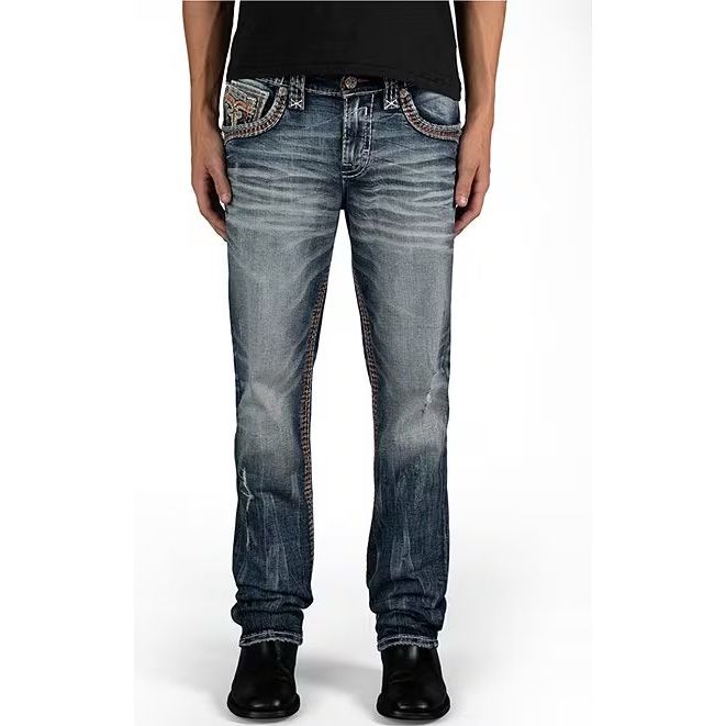 Shop the stylish Rock Revival Ryder J200 Straight Denim with mid-rise fit and unique orange stitching details.