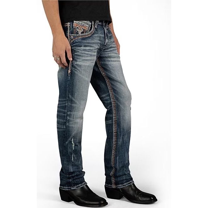 Rock Revival Ryder J200 Straight Denim offers a stylish mid-rise fit with unique orange stitching and embroidery.