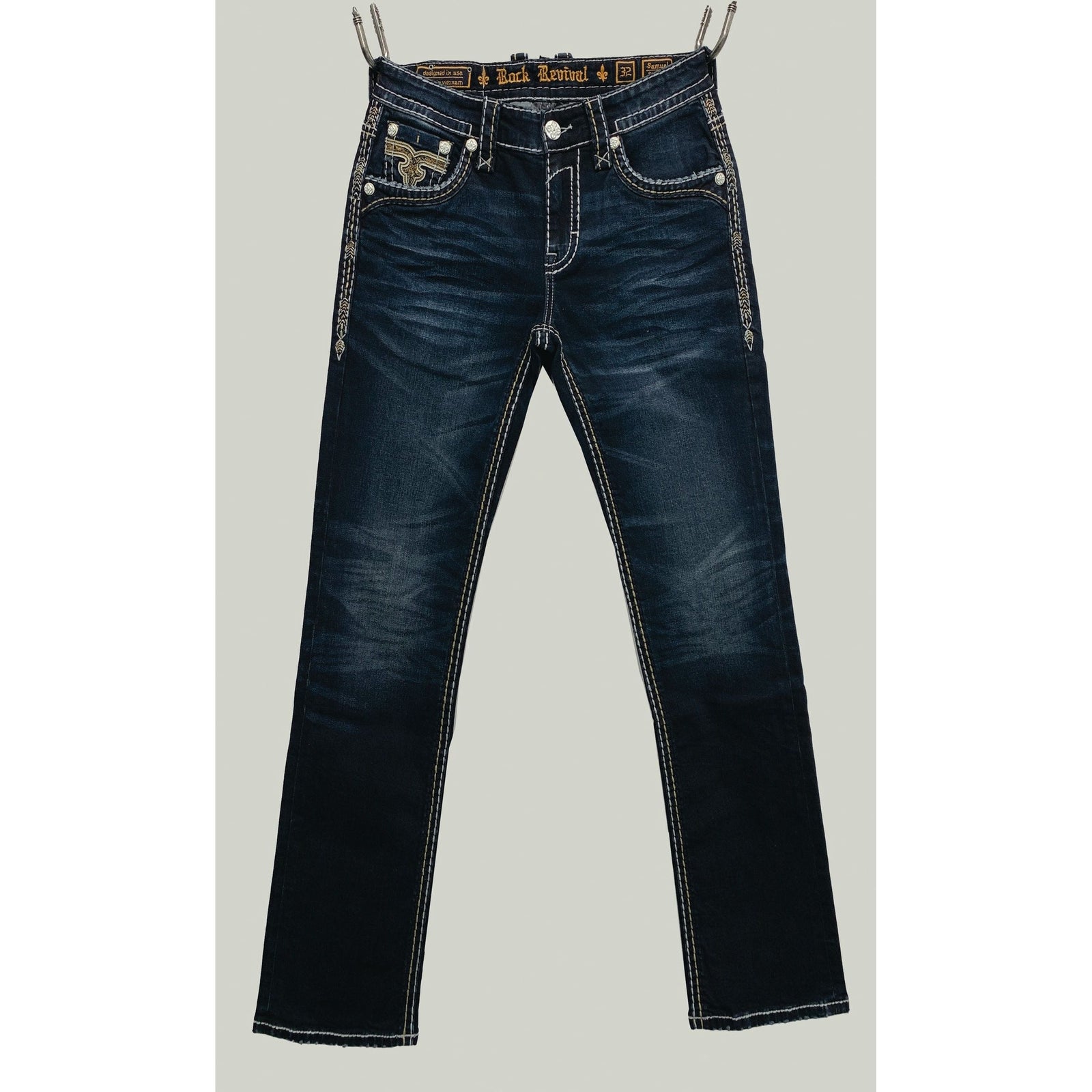 Rock Revival Samuel J204 Straight Denim jeans in bold dark wash with contrast stitching and embroidered pocket logo