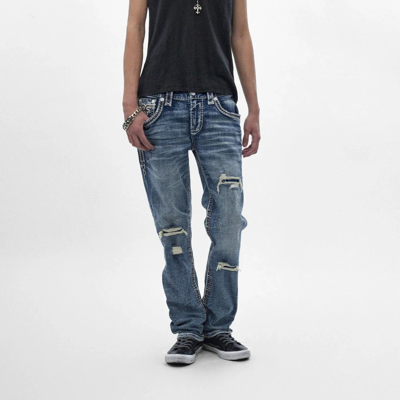 Rock Revival Zayn J200 straight jeans in indigo wash with knee rips, whiskering, and signature back pocket embroidery.