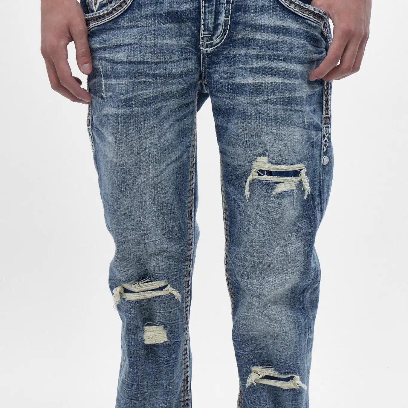 Rock Revival Zayn J200 straight jeans featuring distressed knee rips, horizontal fading, and decorative side stitching.