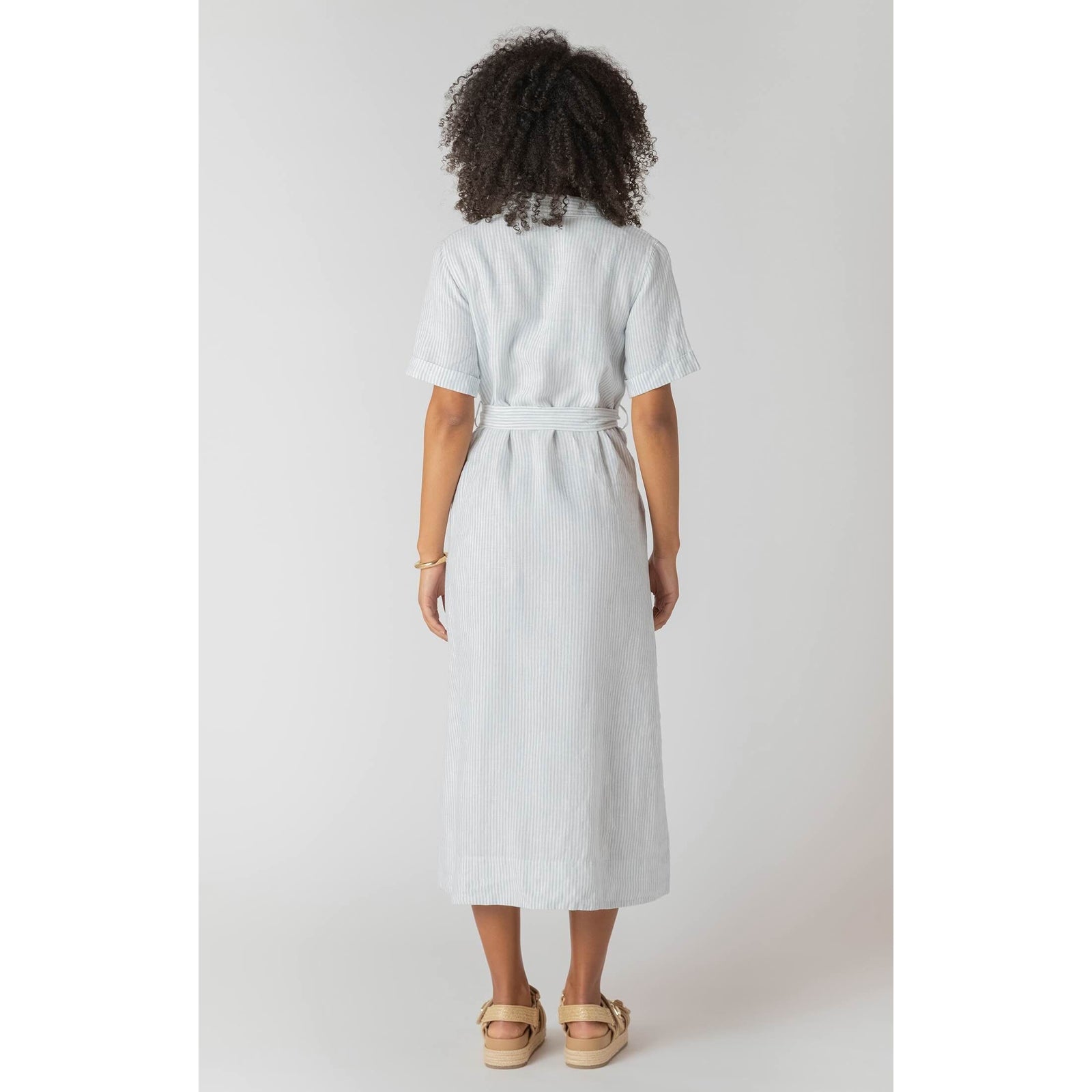 Room 34 Belted Shirtdress in light blue pinstripes, back view with belt, short rolled sleeves, midi length.