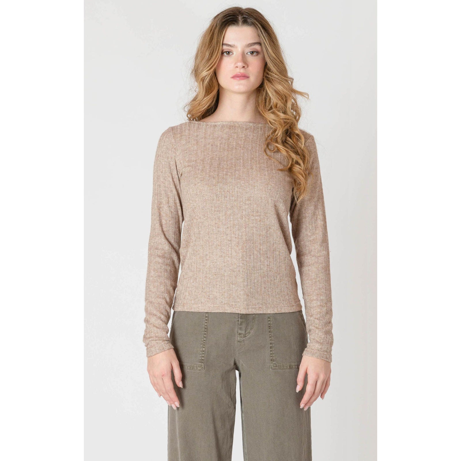 Room 34 Boatneck Textured Top in beige knit with long sleeves on a model.