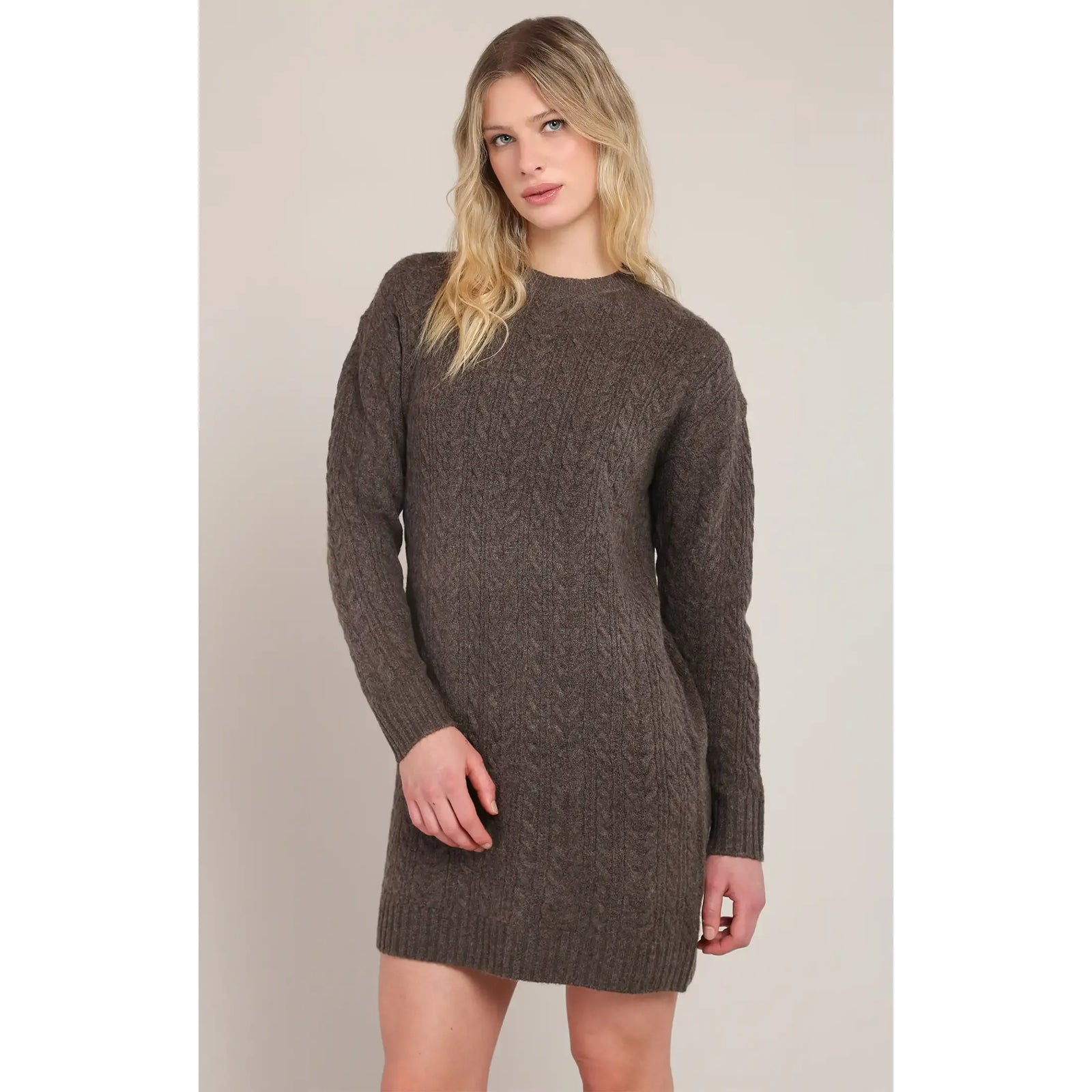 Chestnut heather cable knit mini dress with long sleeves and a crew neck for cozy sophistication.