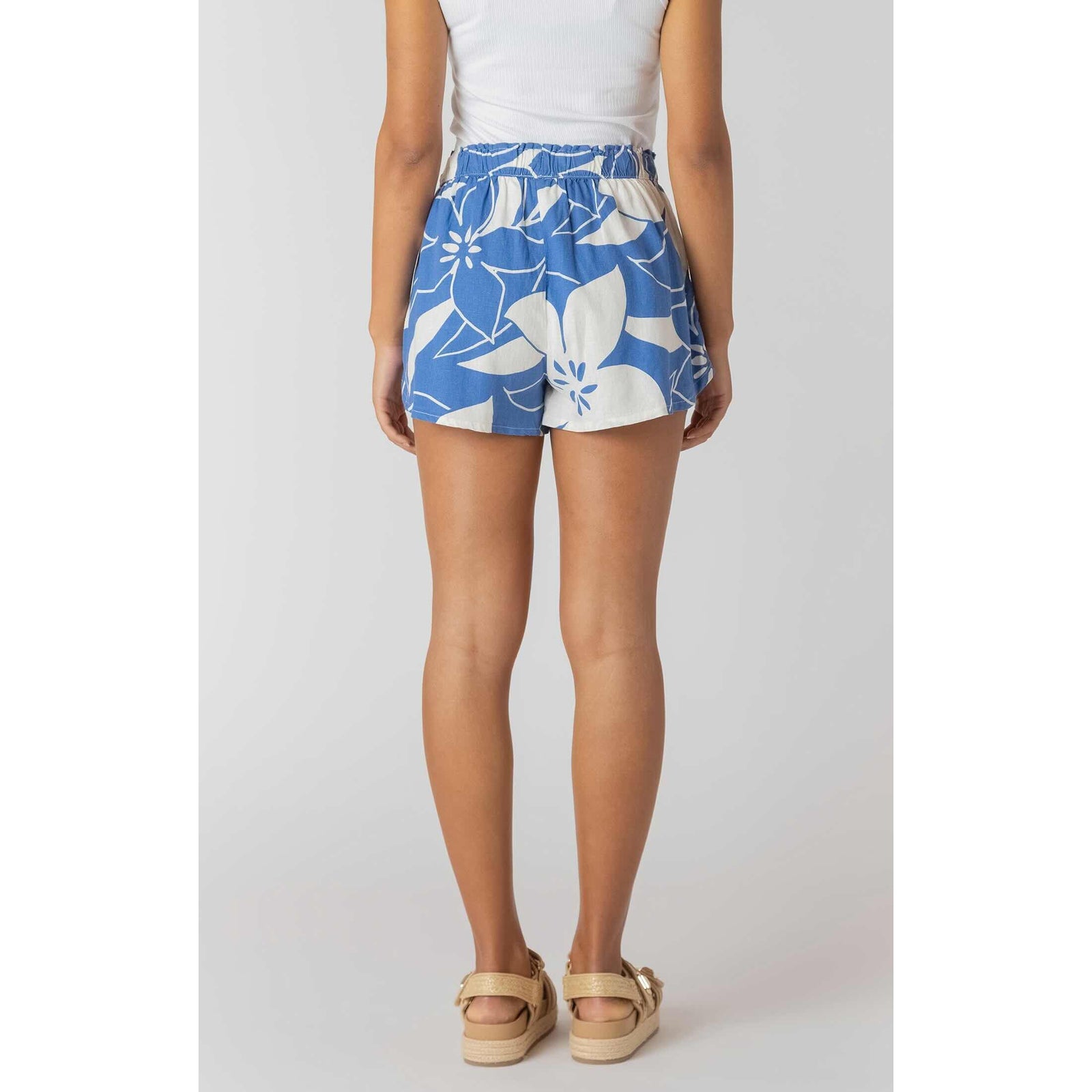 Room 34 Elastic Waist Shorts in Azure Floral, back view, breezy casual summer style