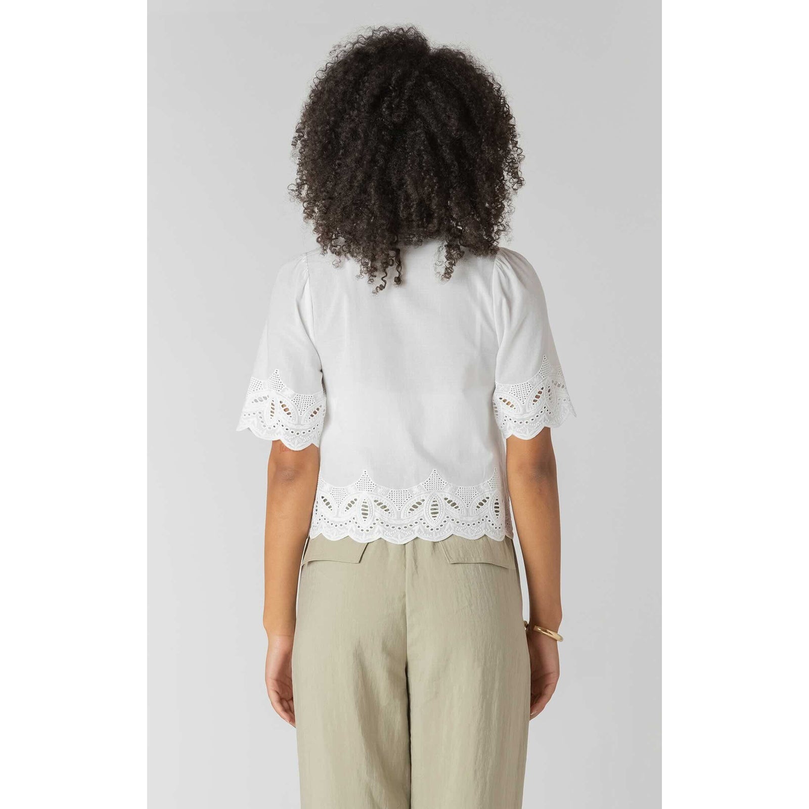 Room 34 Eyelet Trim Blouse back view with white fabric and scalloped eyelet sleeves and hem.