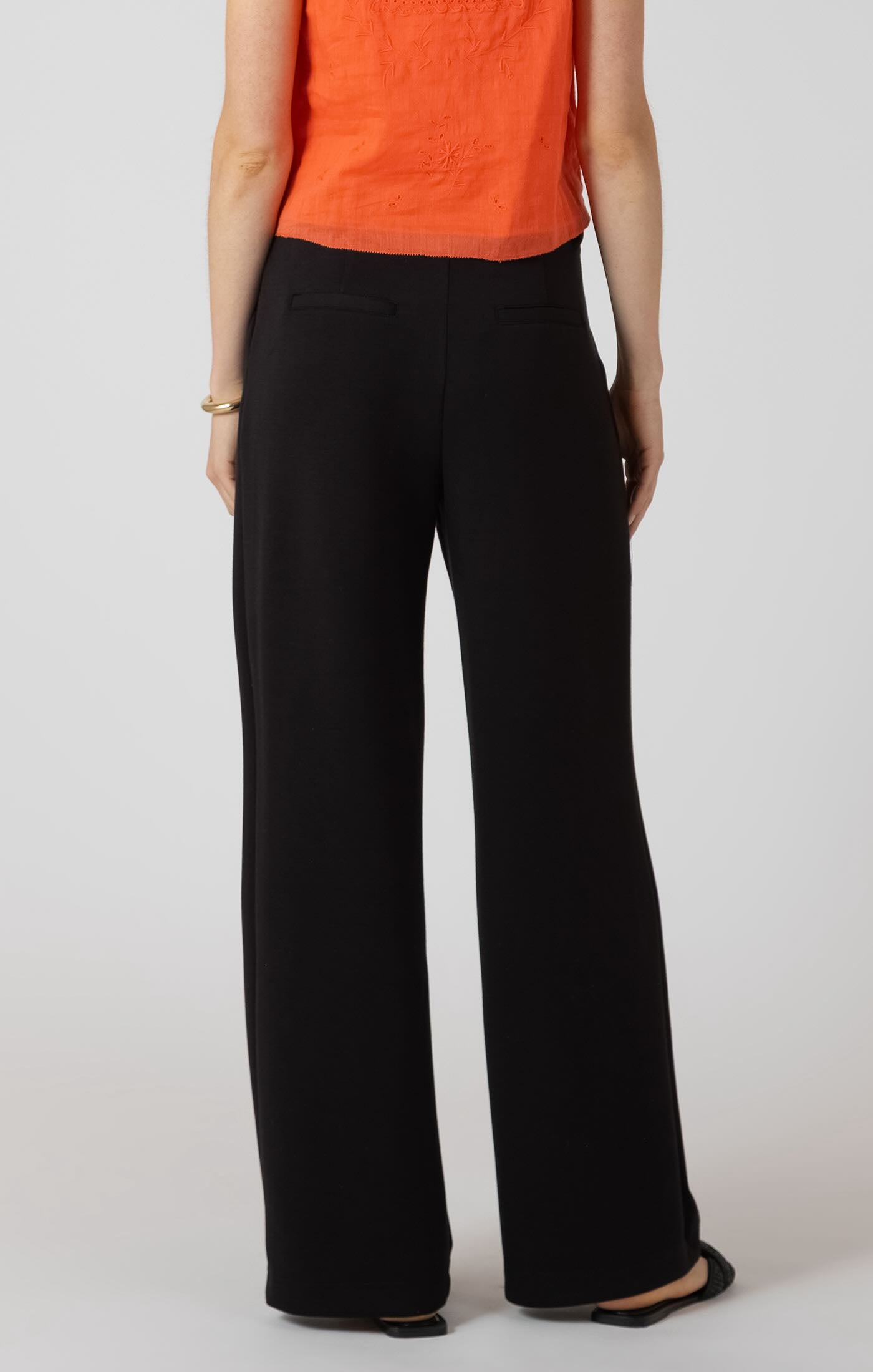Room 34 Scuba Knit Trouser, black wide-leg back view.