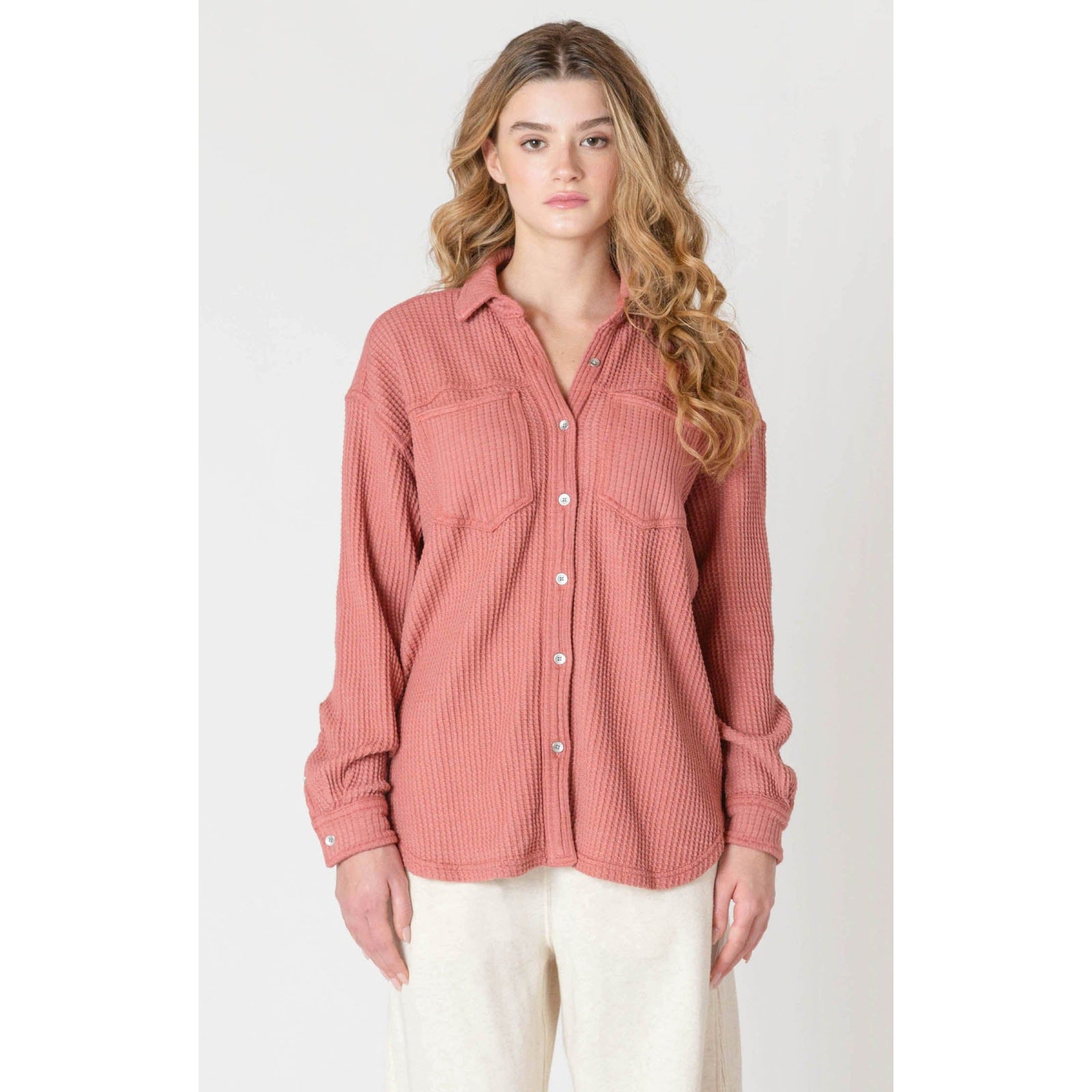 Room 34 Thermal Knit Jacket in brick hue, perfect for cozy layering and autumn style with cotton and polyester blend.