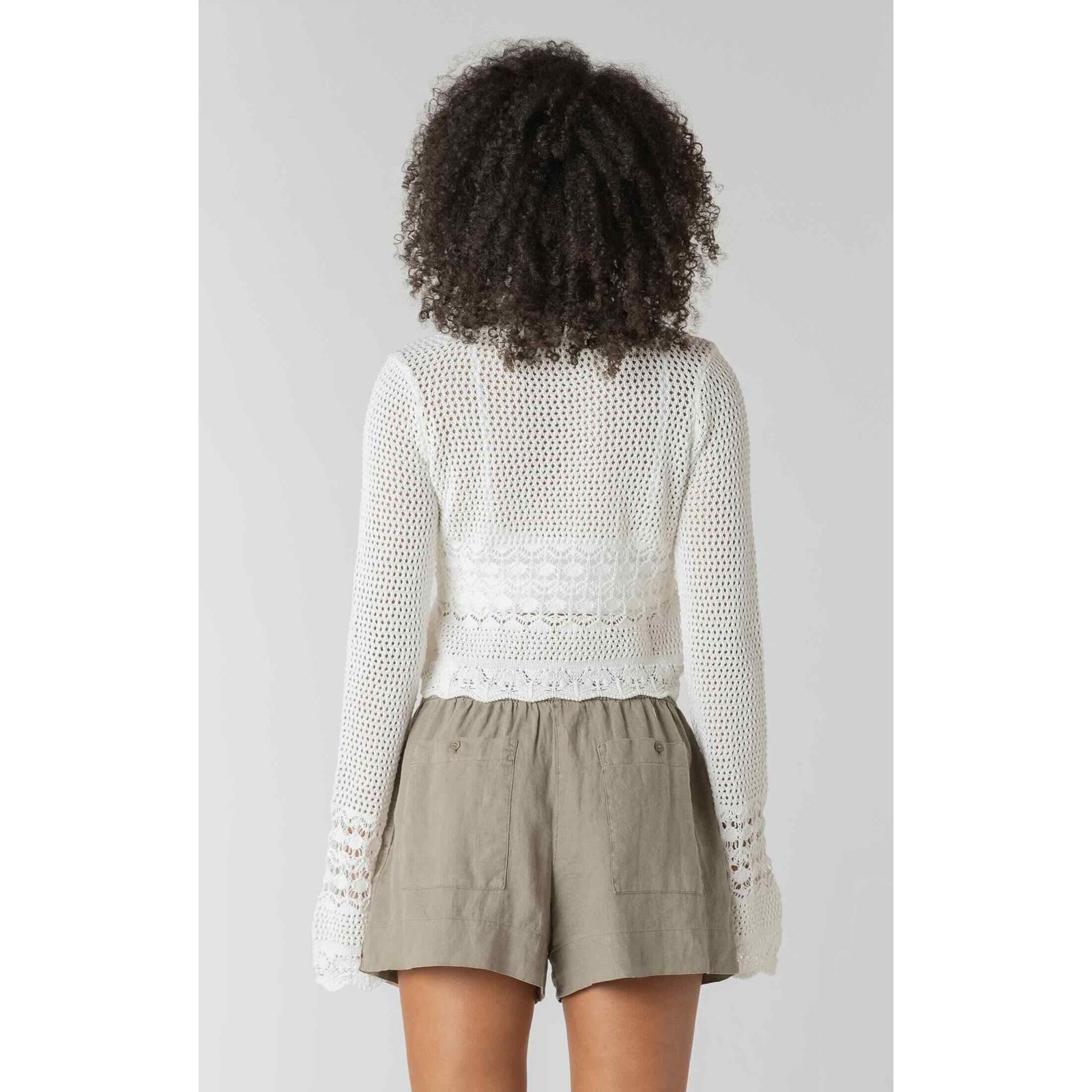 Room 34 Tie Front Crochet Cardigan in white lace-knit fabric, back view with scalloped hem; size chart info.