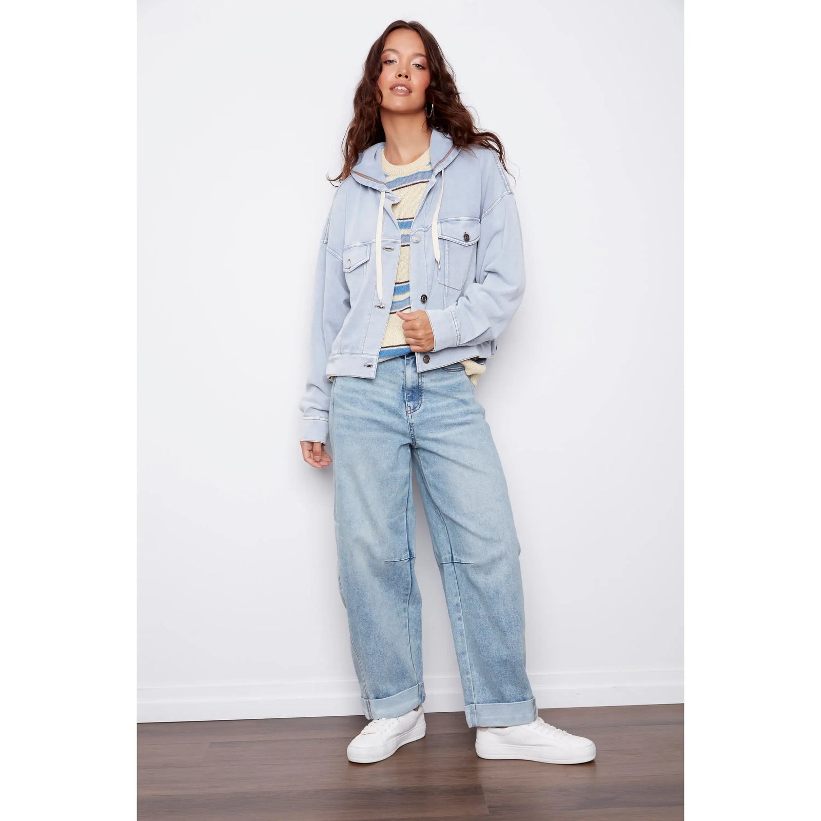 Sarana French Terry Hooded Jacket in light denim with hood, drawstrings, button front and chest pockets.