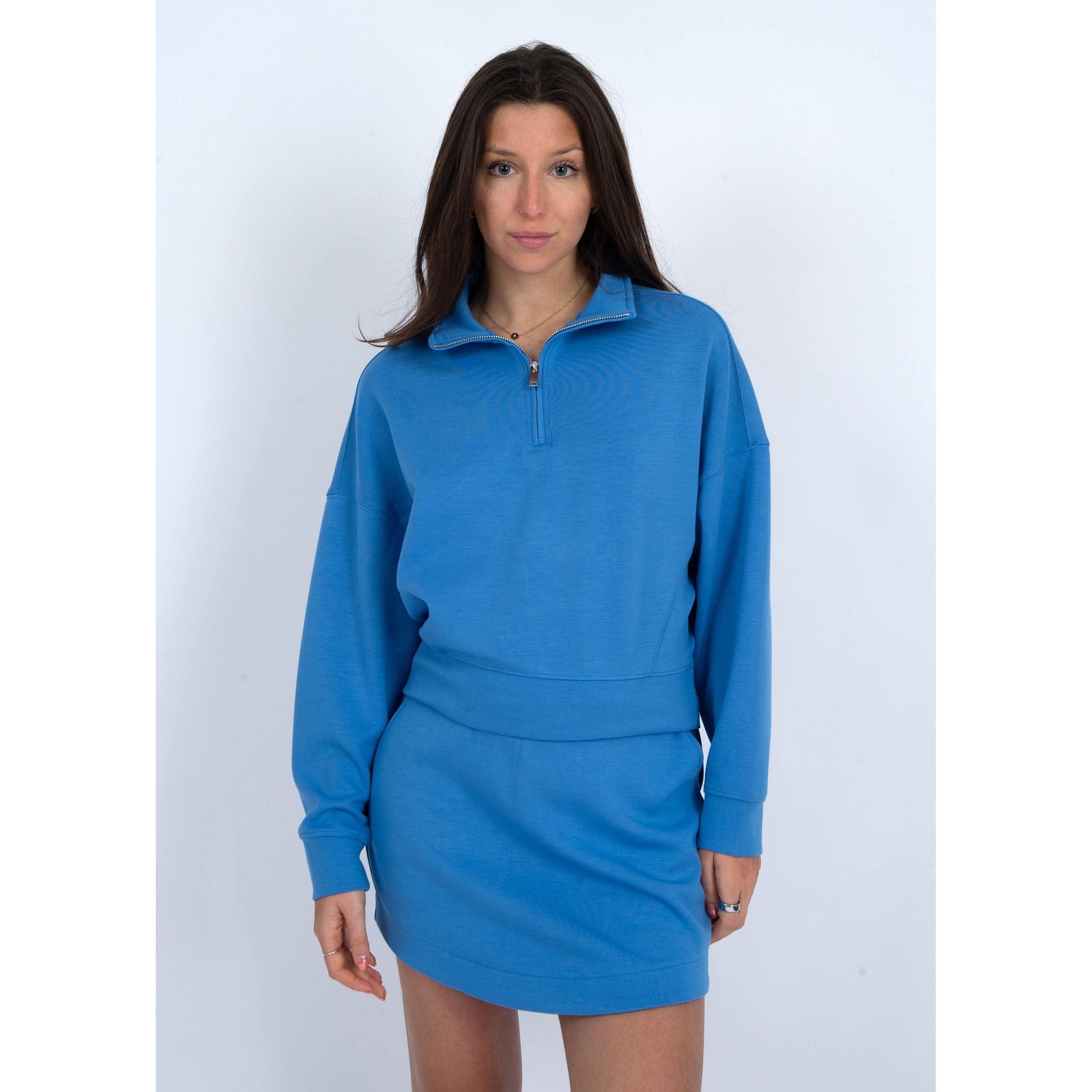 Stylish Mailyn Soft Scuba 1/2 Zip Pull Over in blue, offering comfort and a chic look for any occasion.
