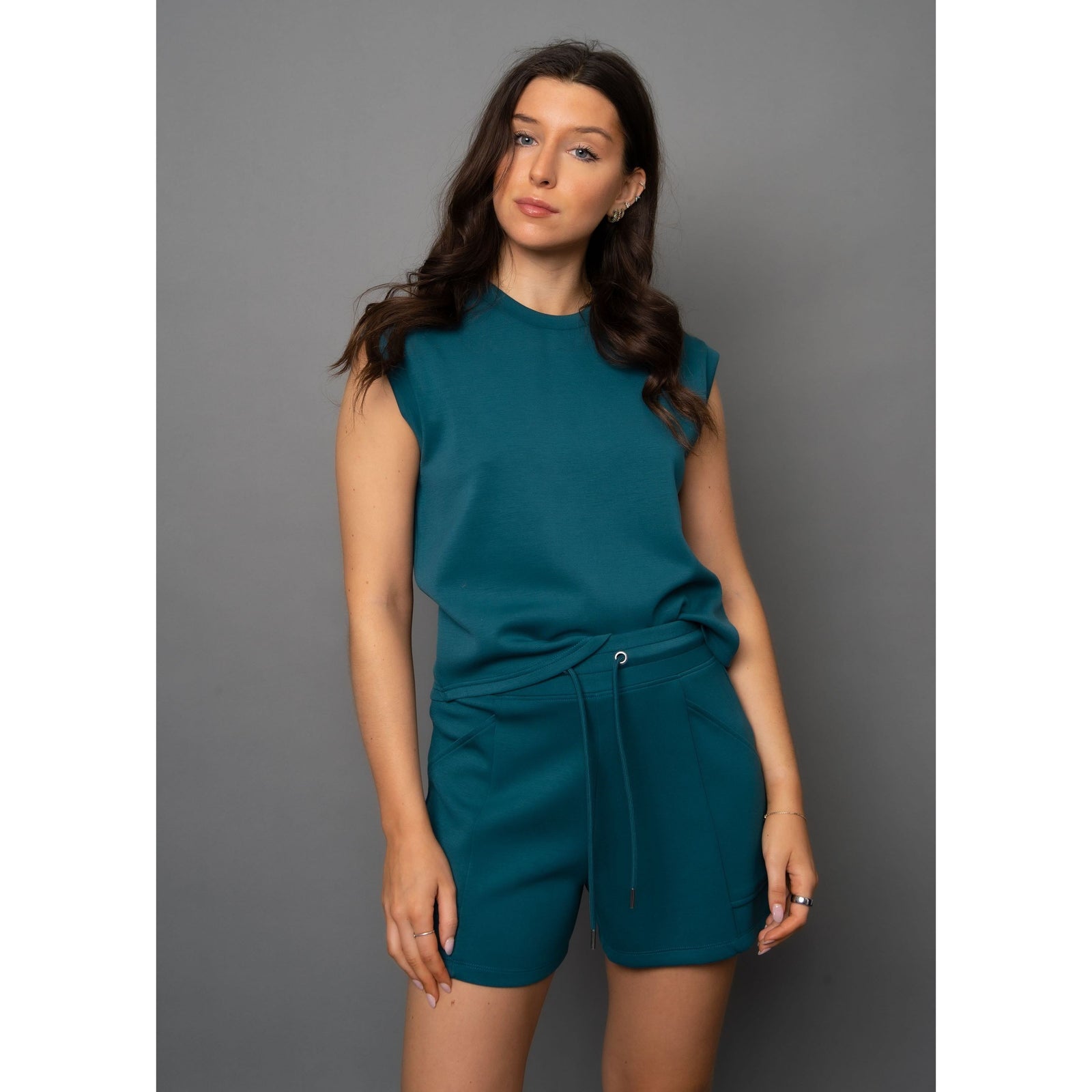 Scuba Miva Soft Knit Tank Top in trekking green, perfect for comfort and style, paired with matching shorts.