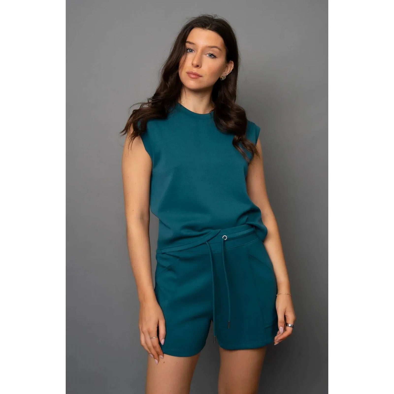 Scuba Senza Soft Knit Shorts in trekking green with a matching top worn by Sharlen, 5'6", size S.