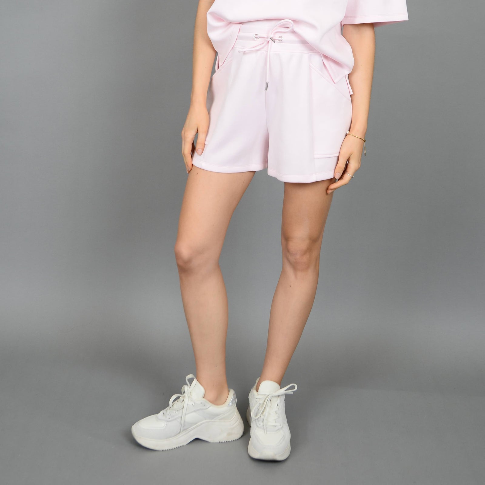 Scuba Senza Soft Knit Shorts in Marys Rose pink with pockets; lounge shorts from our store, model Sharlen in Small.