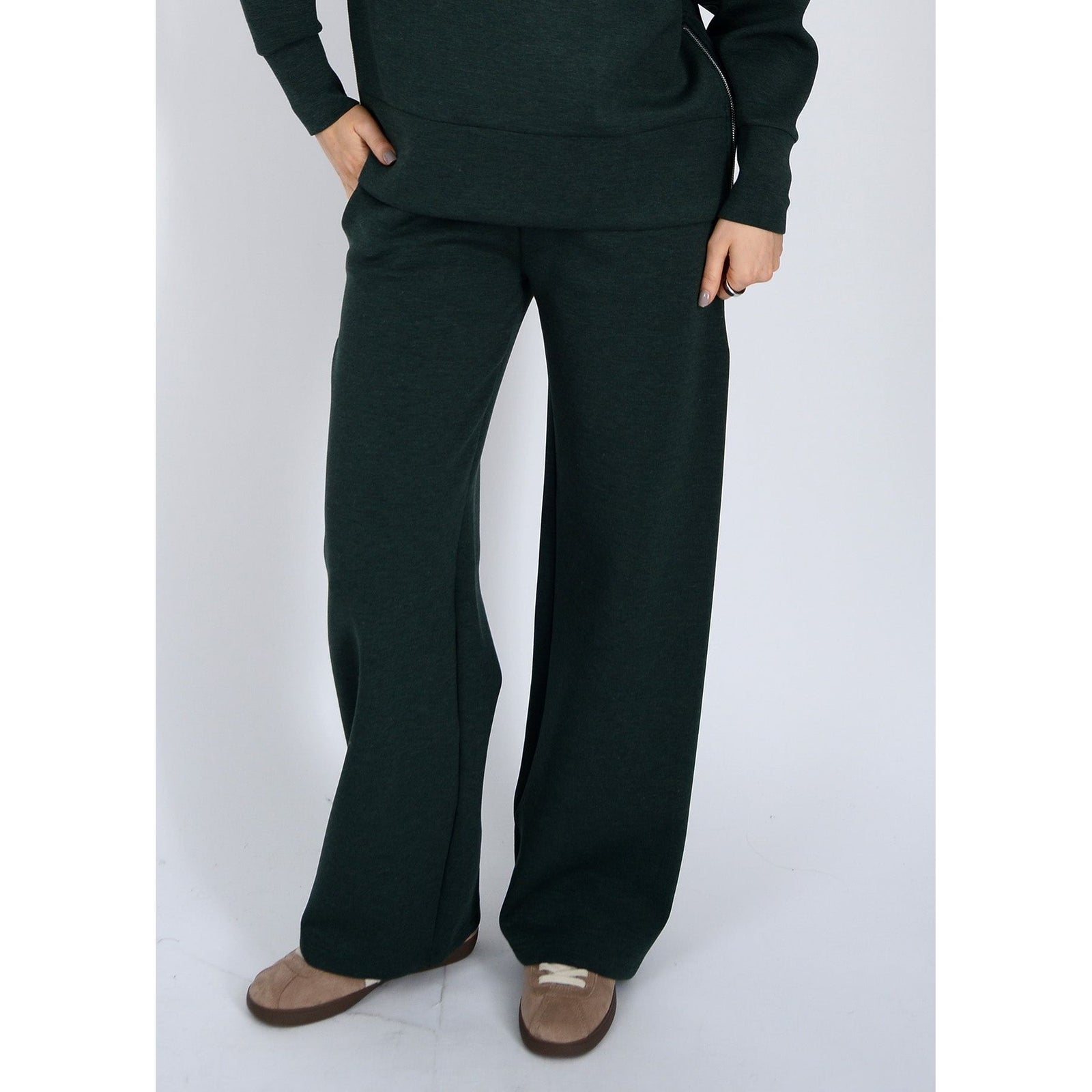 Prida Soft Knit Pull-On Drawstring Pant in dark green knit, wide-leg style with adjustable waist.
