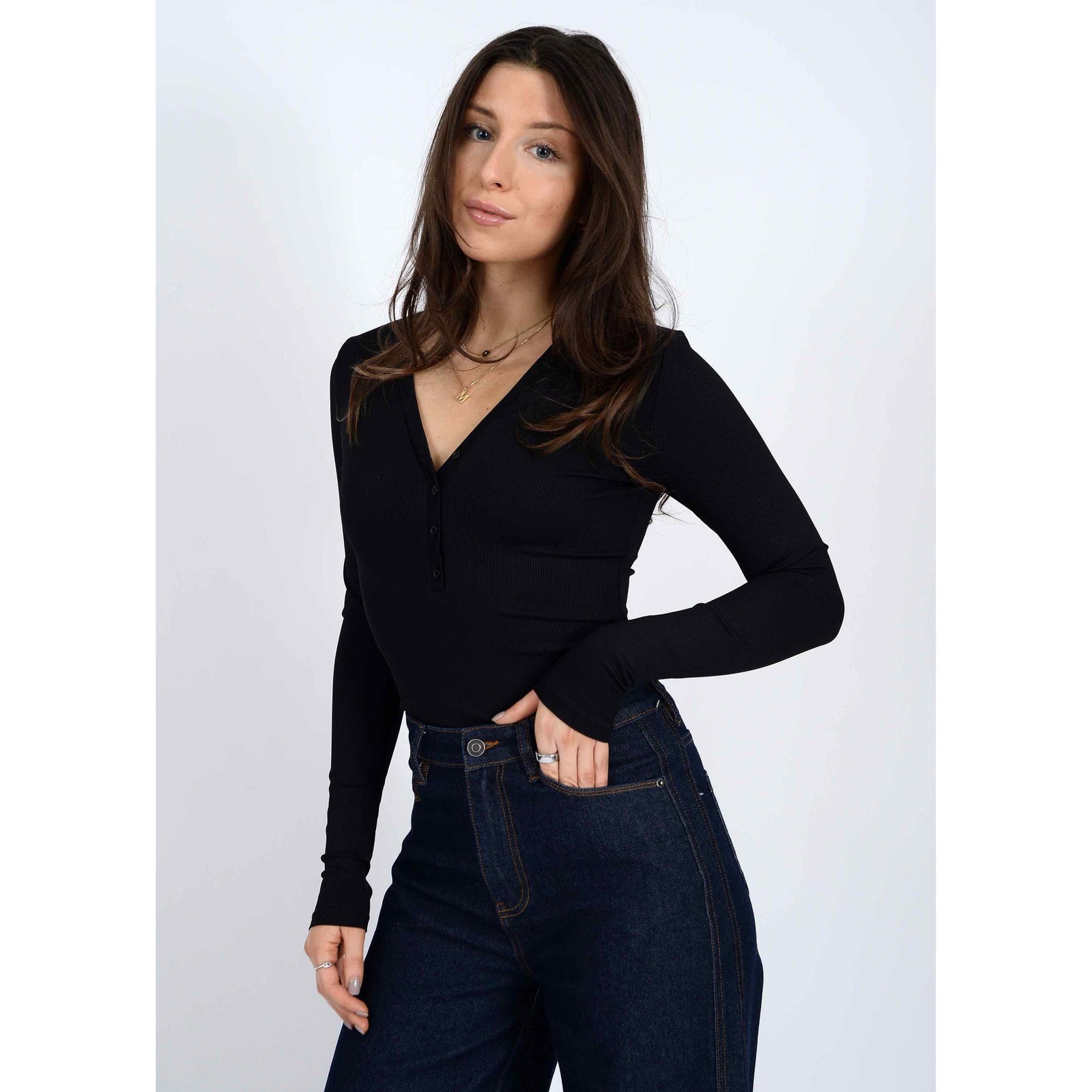 Second Skin Helane 23 2x2 Rib Henley – black, snug 2x2 rib knit long-sleeve top with stretch and silhouette hugger.