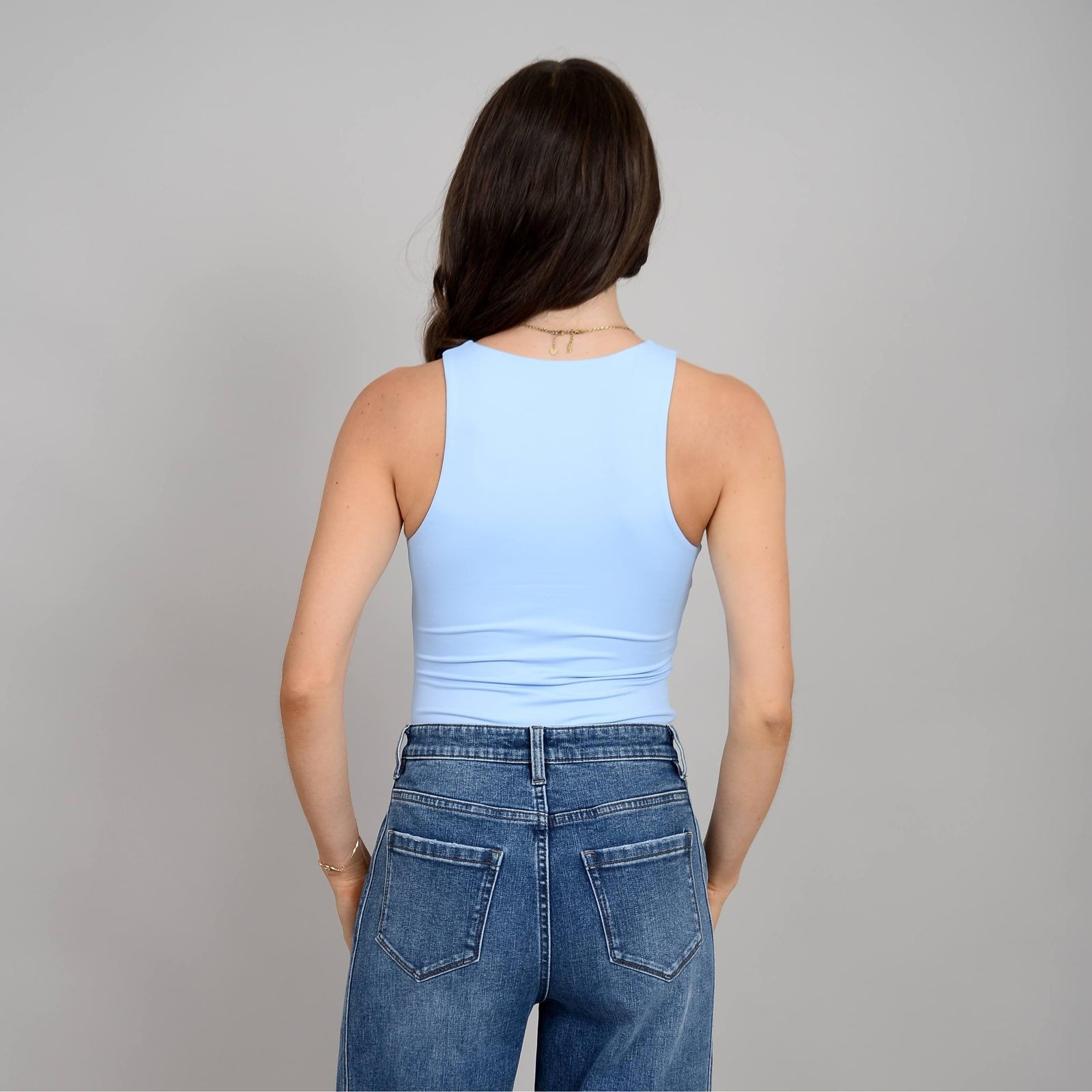 Second Skin Roxanna Crewneck Body Suit - Sale by RD Style, back view of light-blue sleeveless bodysuit on model