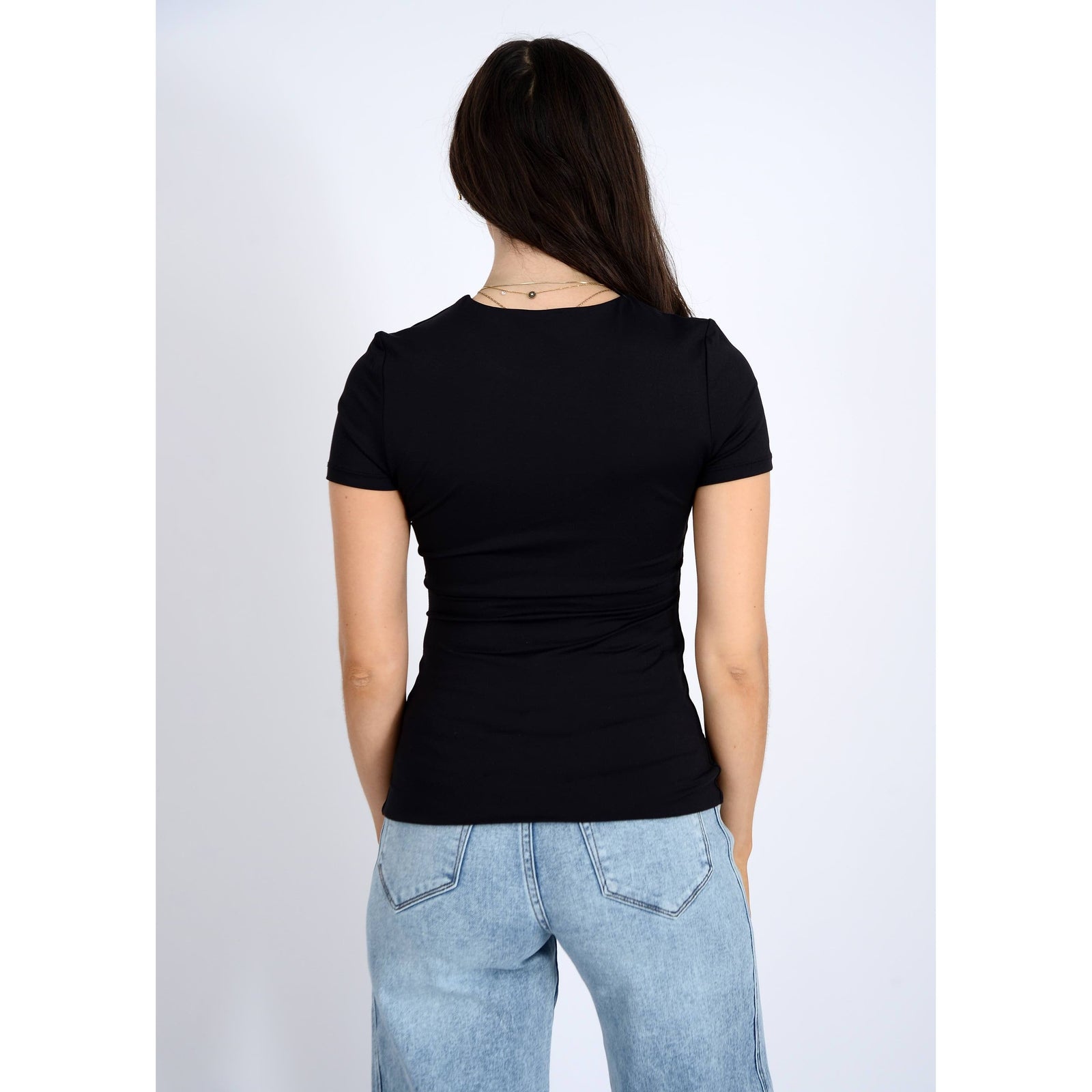 Second Skin Roxi 23 Crewneck TShirt by RD Style — back view black crewneck top on model.