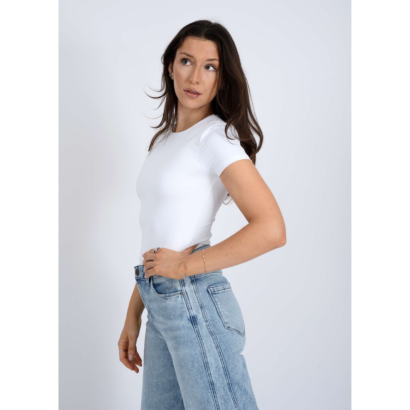 Second Skin Roxi 23 Crewneck TShirt RD Style worn by model in white tee with light denim jeans