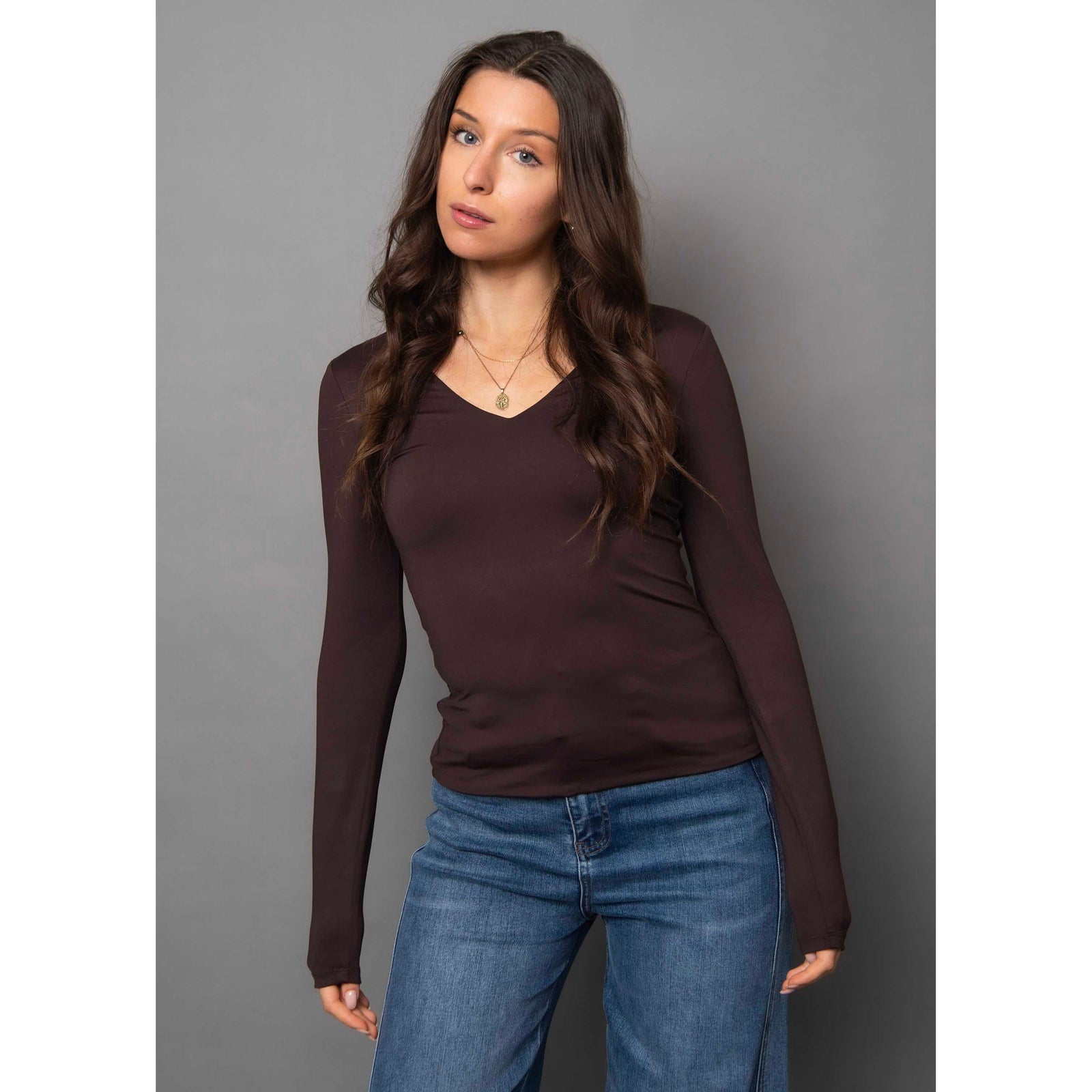 Second Skin Valentina LS Double V-Neck Top in dark walnut, sleek stretch fabric for bold layered looks.