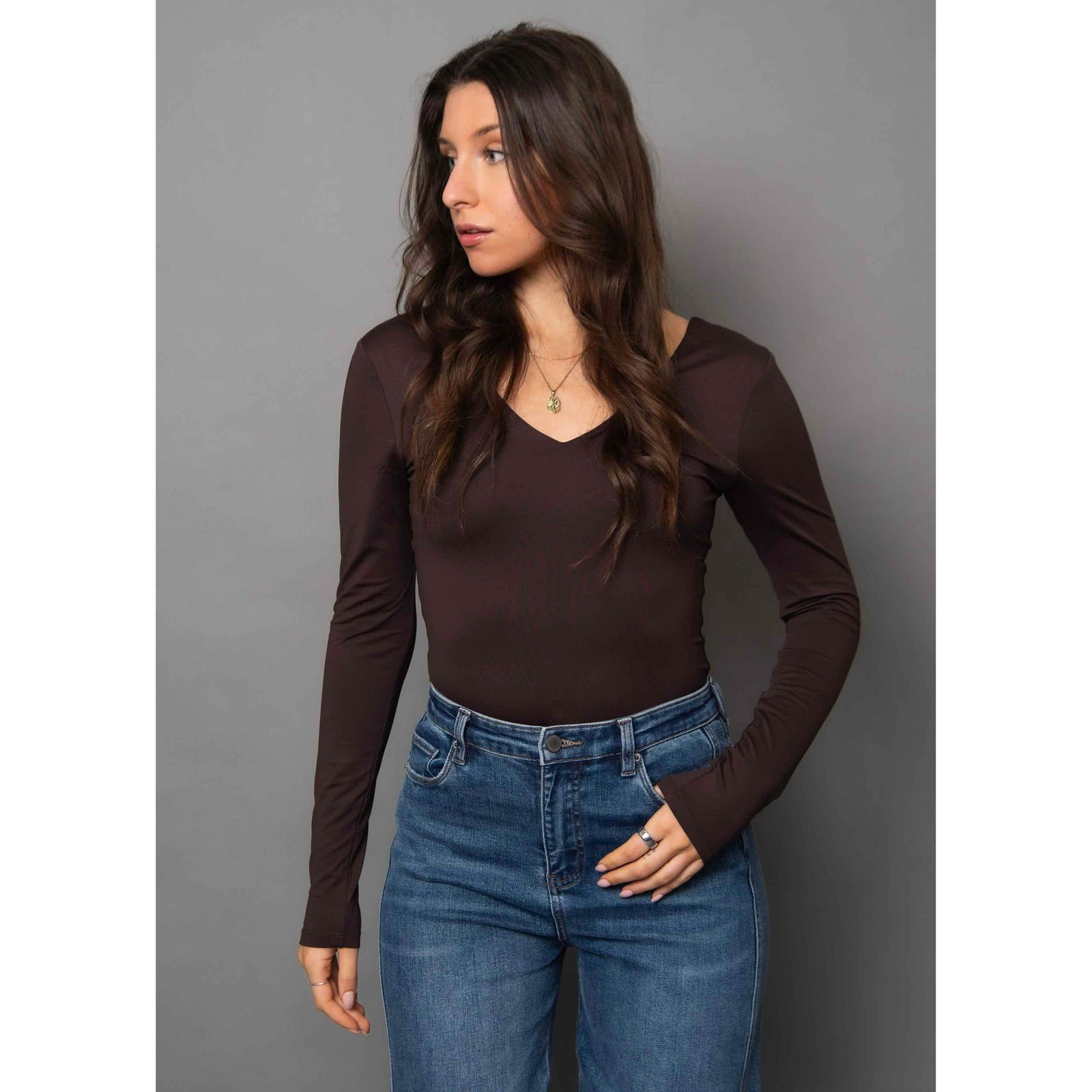 Second Skin Valentina LS Double V-Neck Top in dark walnut—stretchy, long-sleeve with a bold double V neckline.